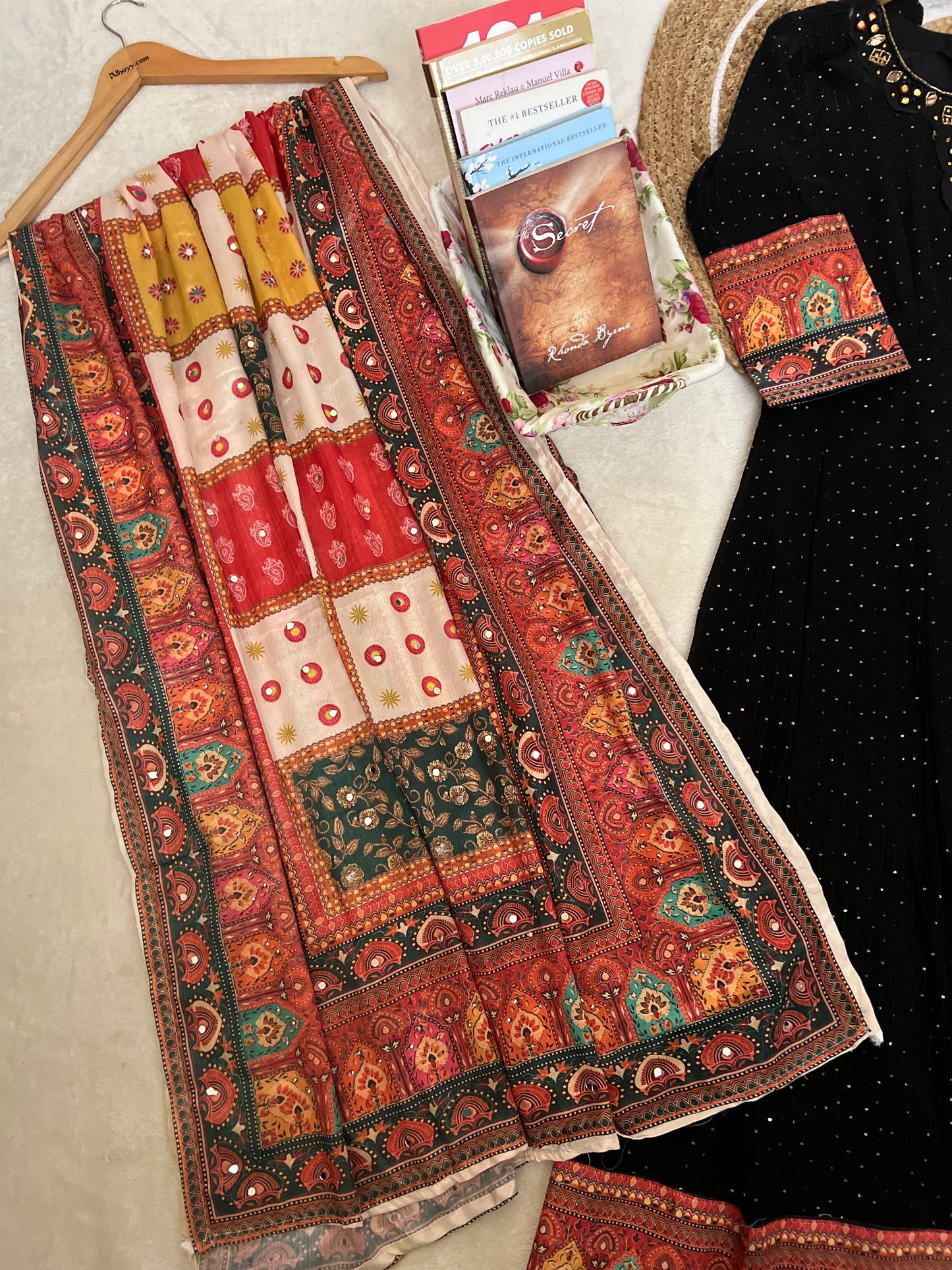 Beautiful dress in heorget material with silk dupatta ,mirror work on dupatta