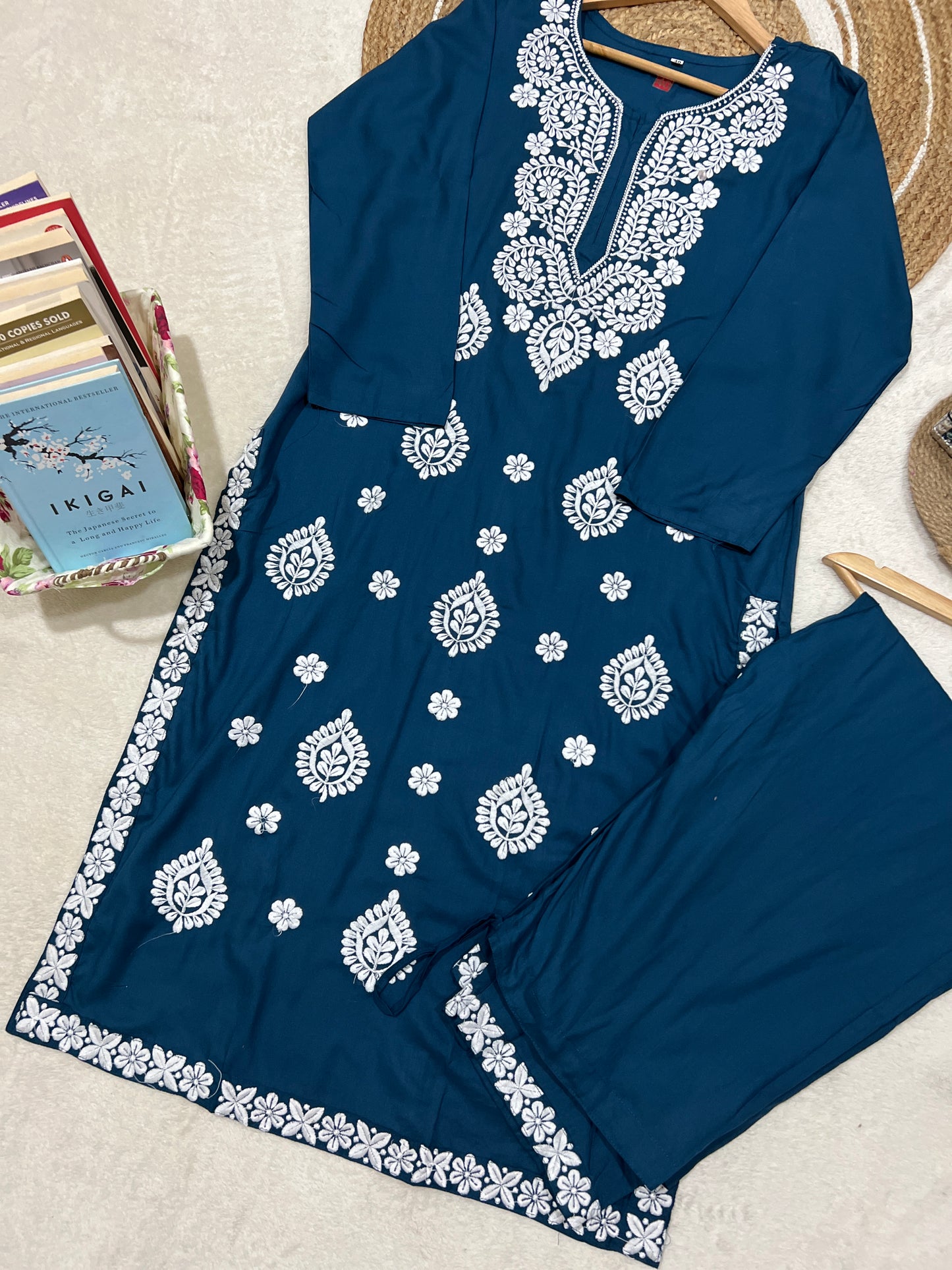 Kurtie pant set full embroidery in. Cotton rayon material