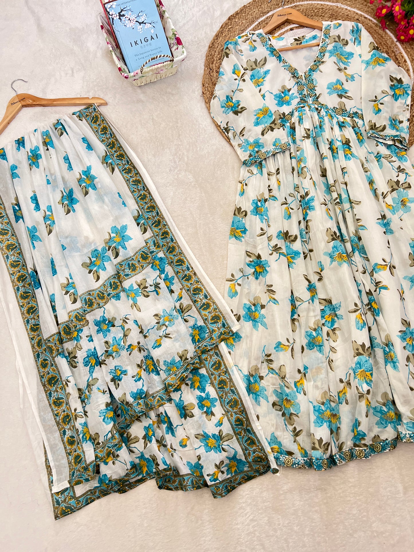 Beautiful mul cotton frock with embroidery work with pant in rayon cotton material and cotton dupatta