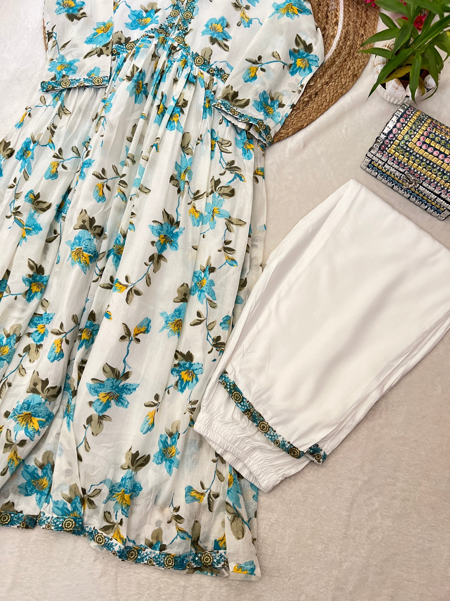 Beautiful mul cotton frock with embroidery work with pant in rayon cotton material and cotton dupatta