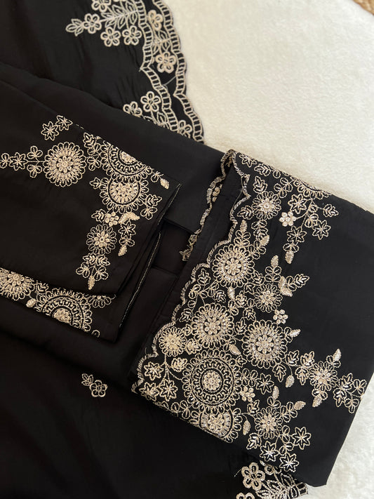 Beautiful Dress in Black with golden embroidery in Roman silk material