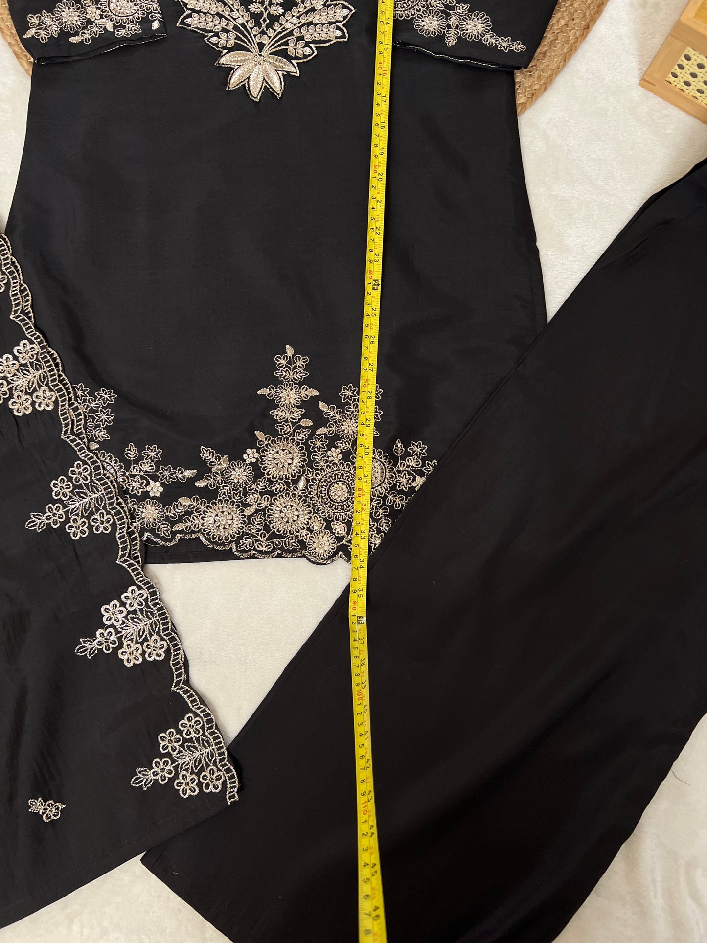 Beautiful Dress in Black with golden embroidery in Roman silk material
