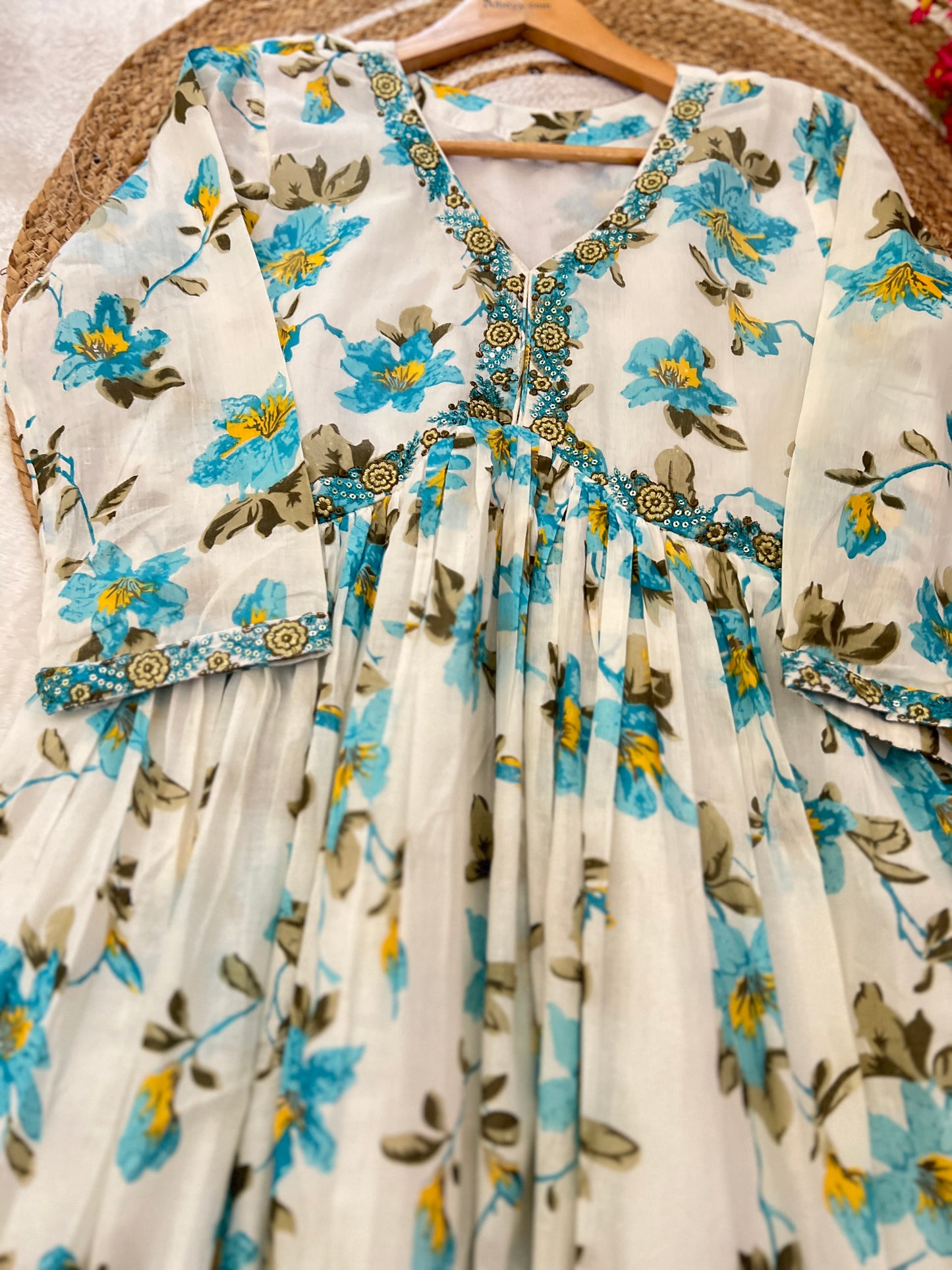 Beautiful mul cotton frock with embroidery work with pant in rayon cotton material and cotton dupatta