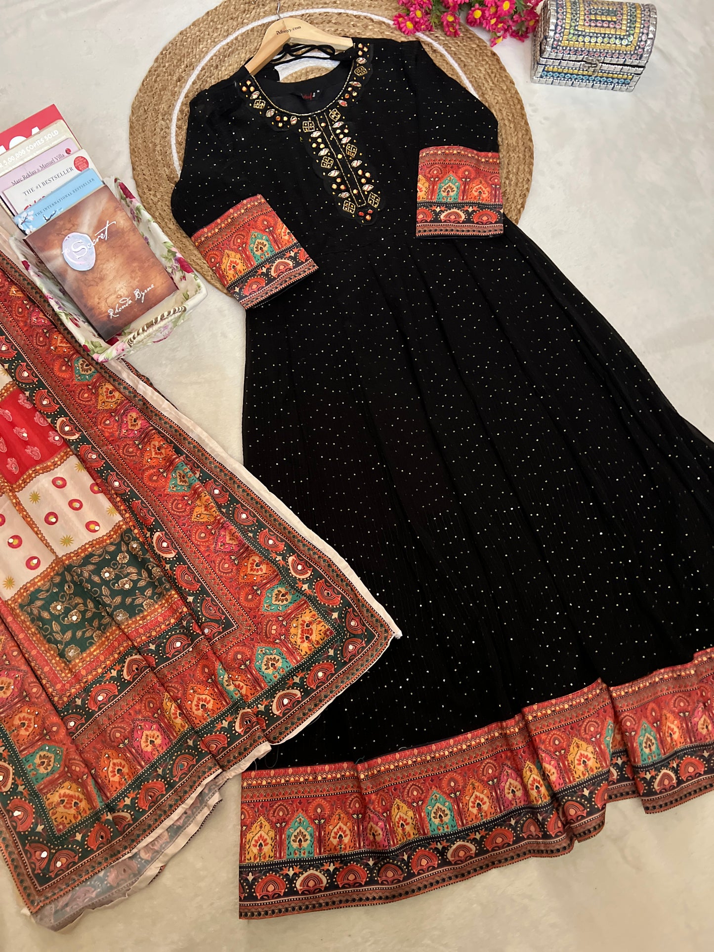 Beautiful dress in heorget material with silk dupatta ,mirror work on dupatta