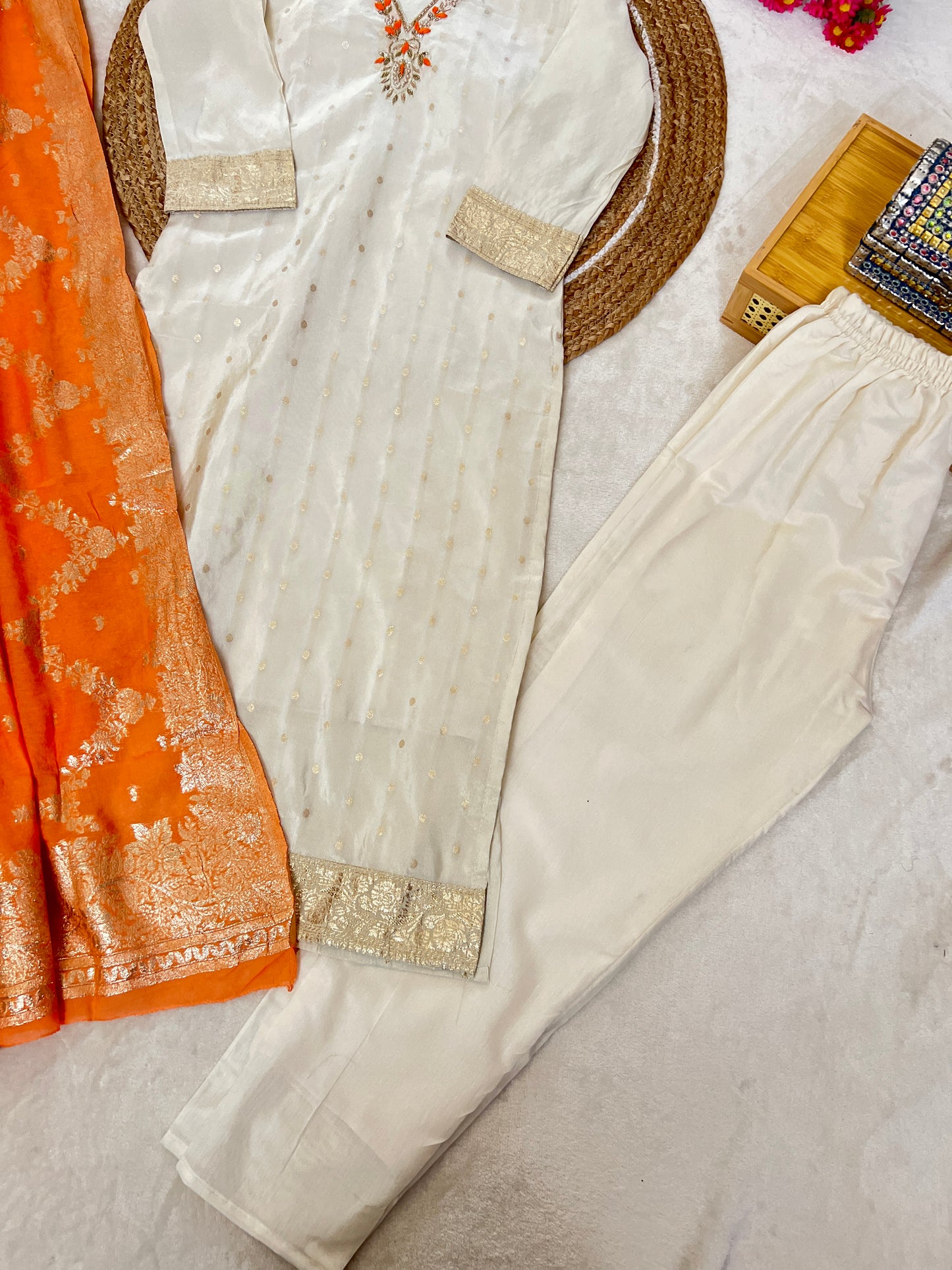 Beautiful ethnic wear with golden work in silk material