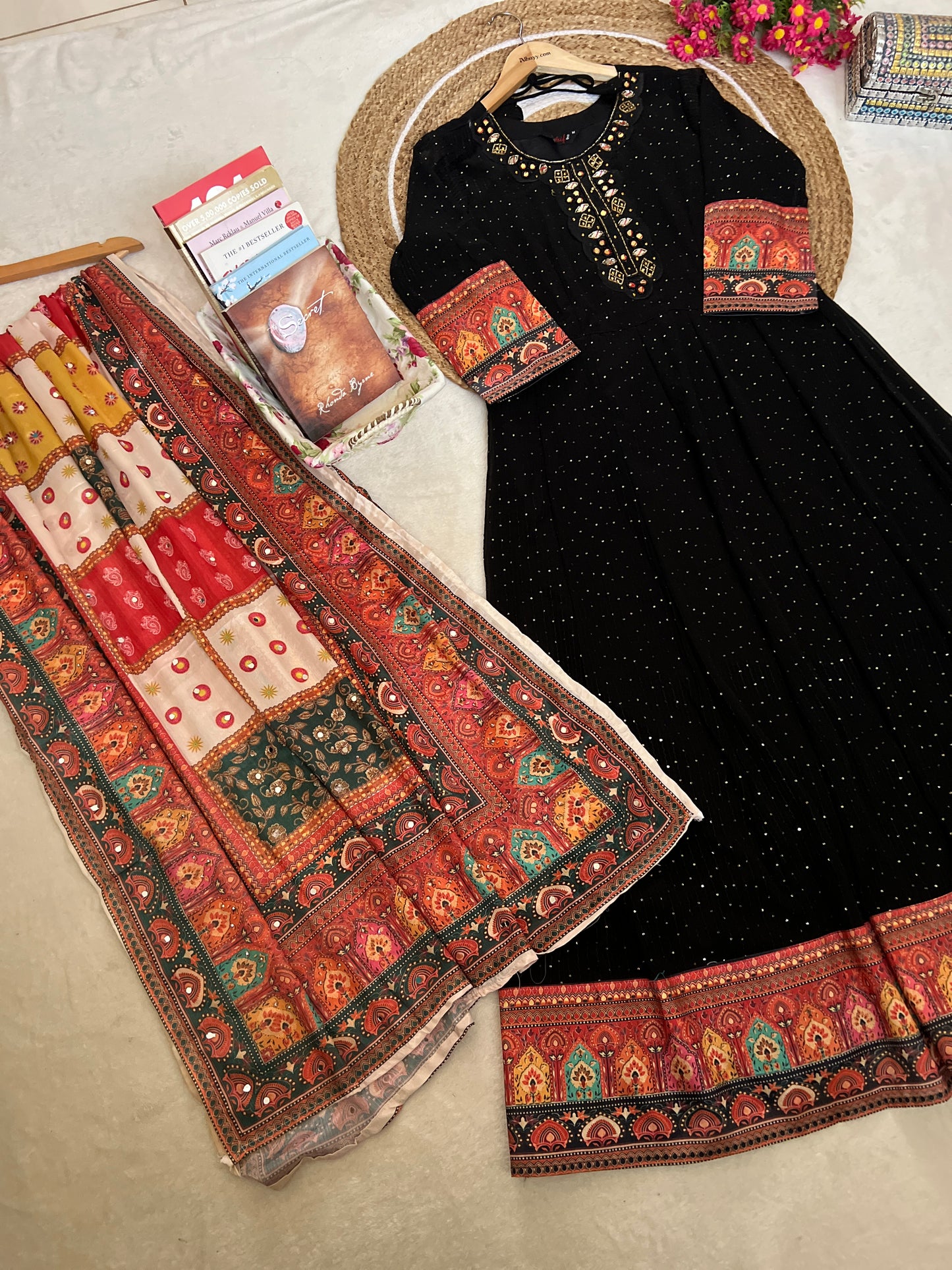 Beautiful dress in heorget material with silk dupatta ,mirror work on dupatta