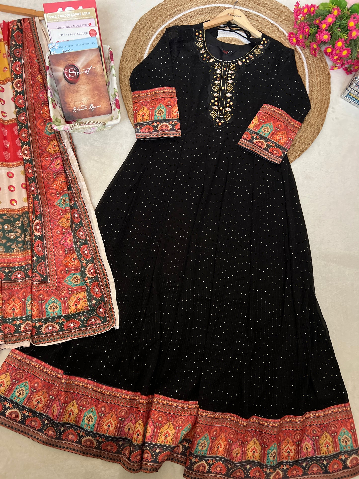 Beautiful dress in heorget material with silk dupatta ,mirror work on dupatta