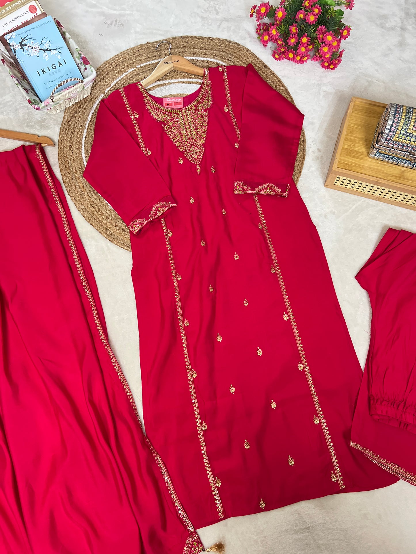 Beautiful red dress in red with golden embroidery and sequins work Material roman silk