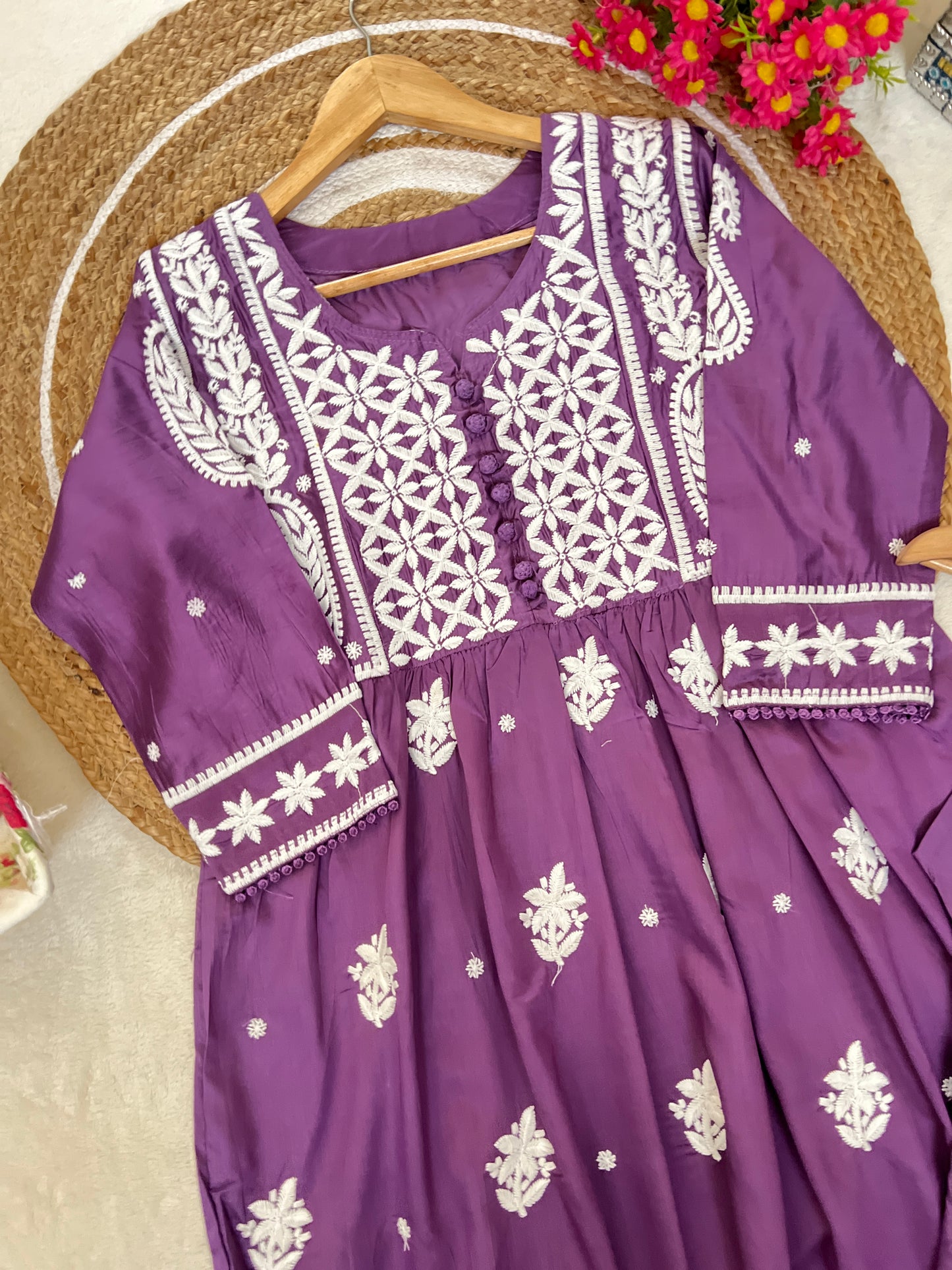Beautiful lucknowi style cotton silk material dress with embroidery