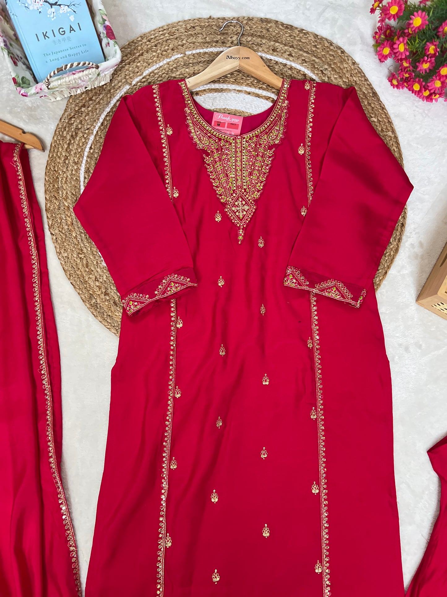Beautiful red dress in red with golden embroidery and sequins work Material roman silk