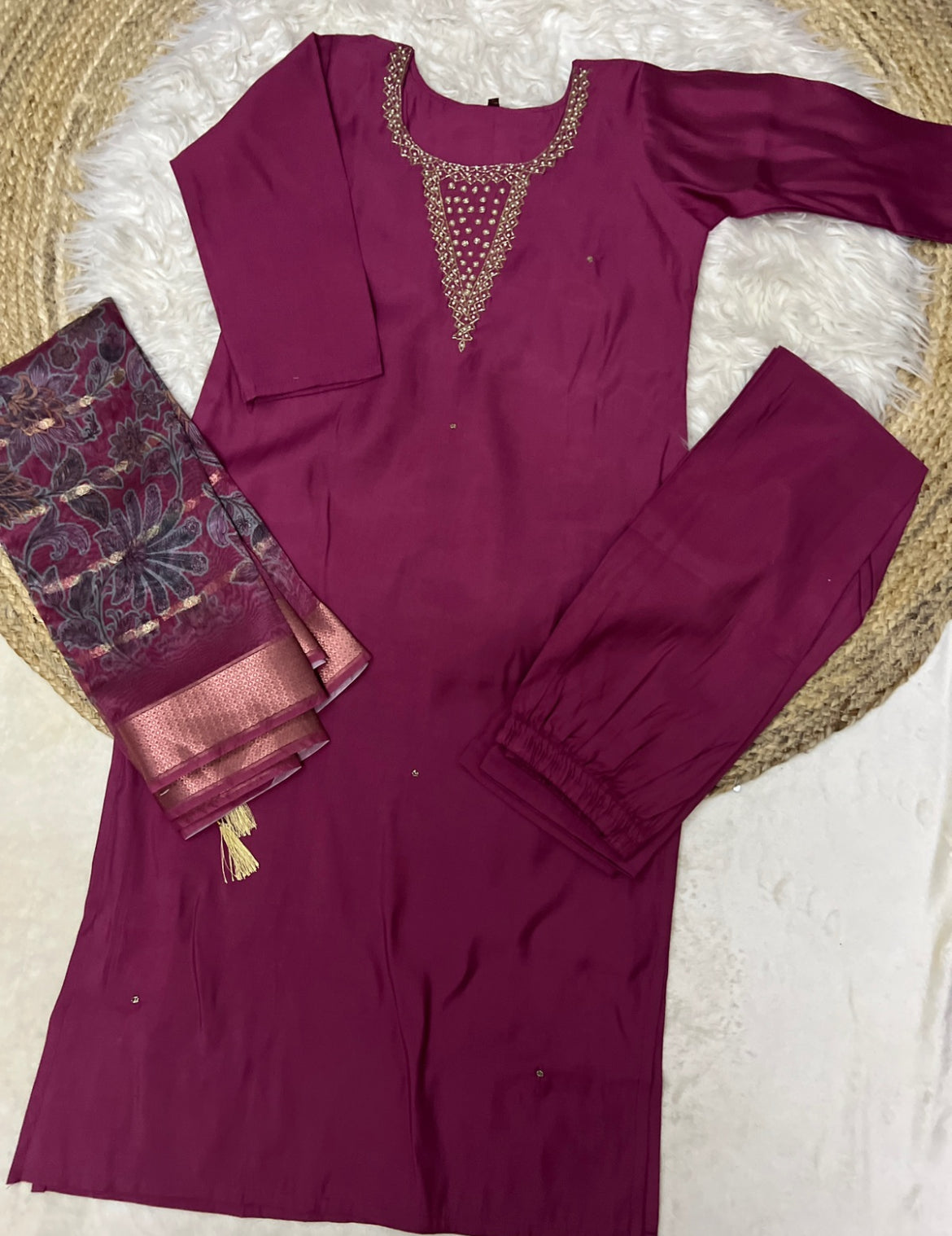 Beautiful dress with work on neck cotton silk material