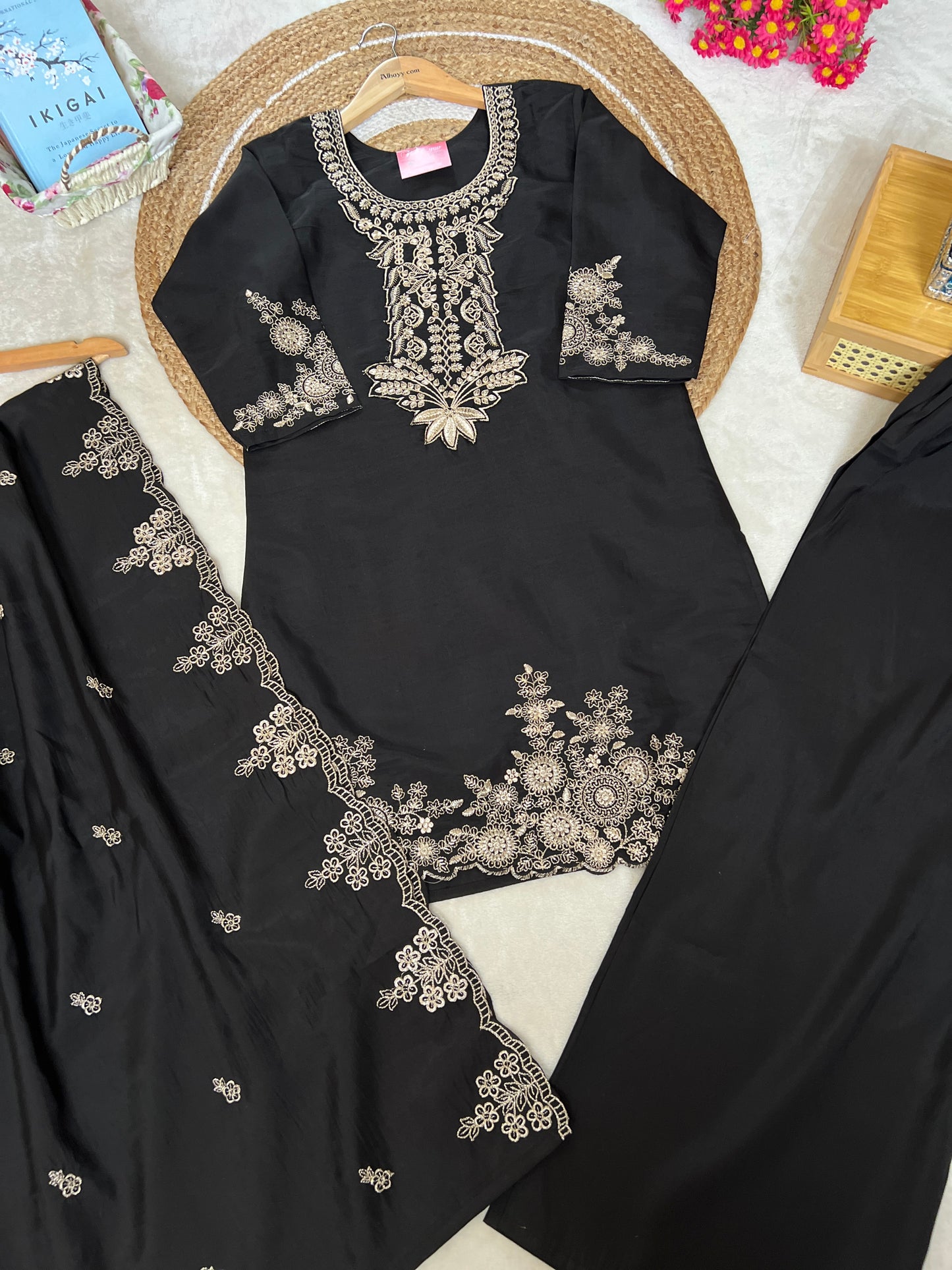 Beautiful Dress in Black with golden embroidery in Roman silk material