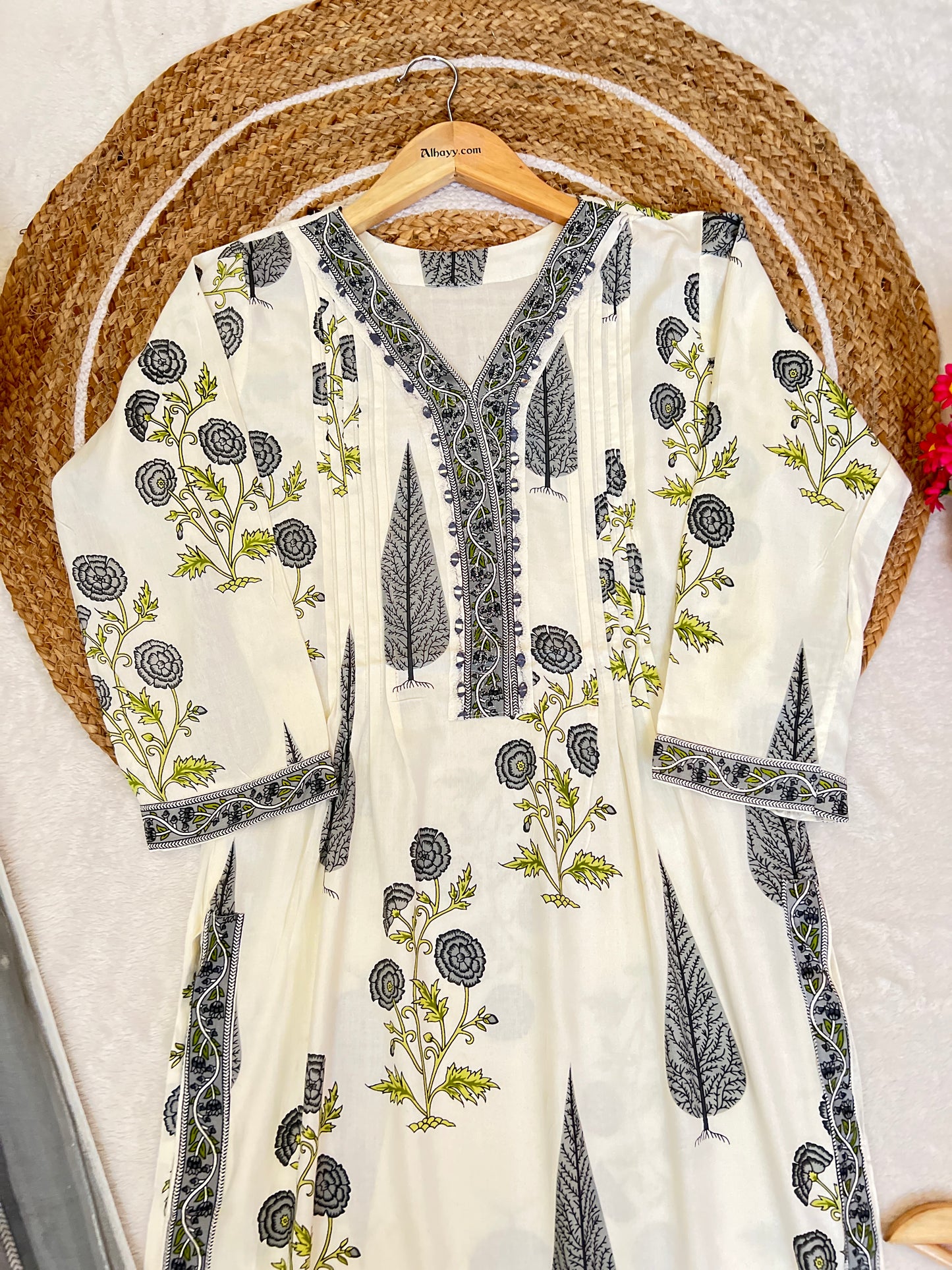 Cotton dress with mirror work on neck