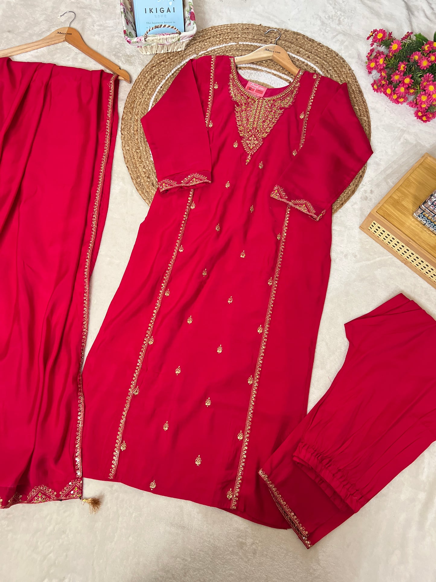 Beautiful red dress in red with golden embroidery and sequins work Material roman silk