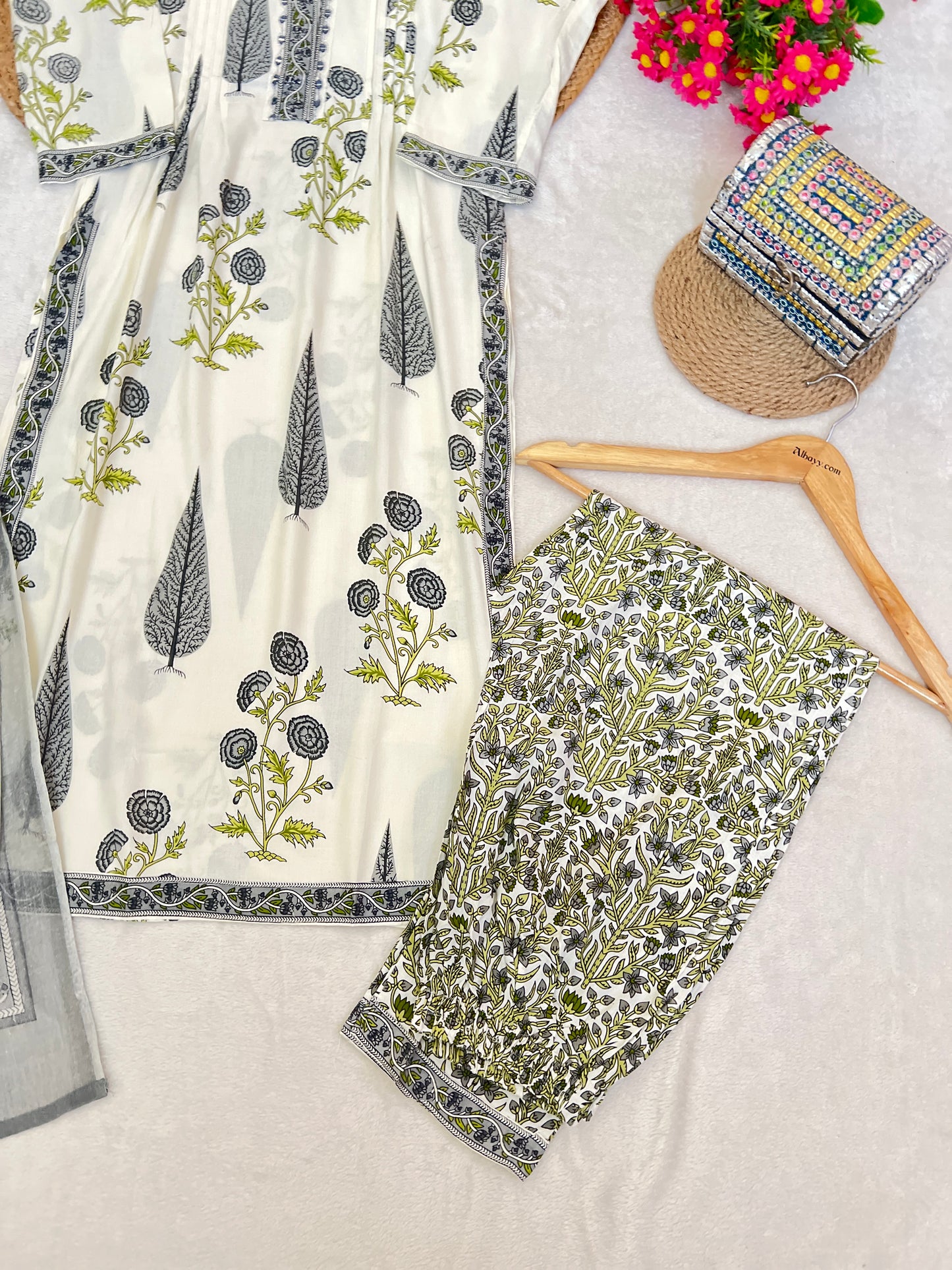 Cotton dress with mirror work on neck