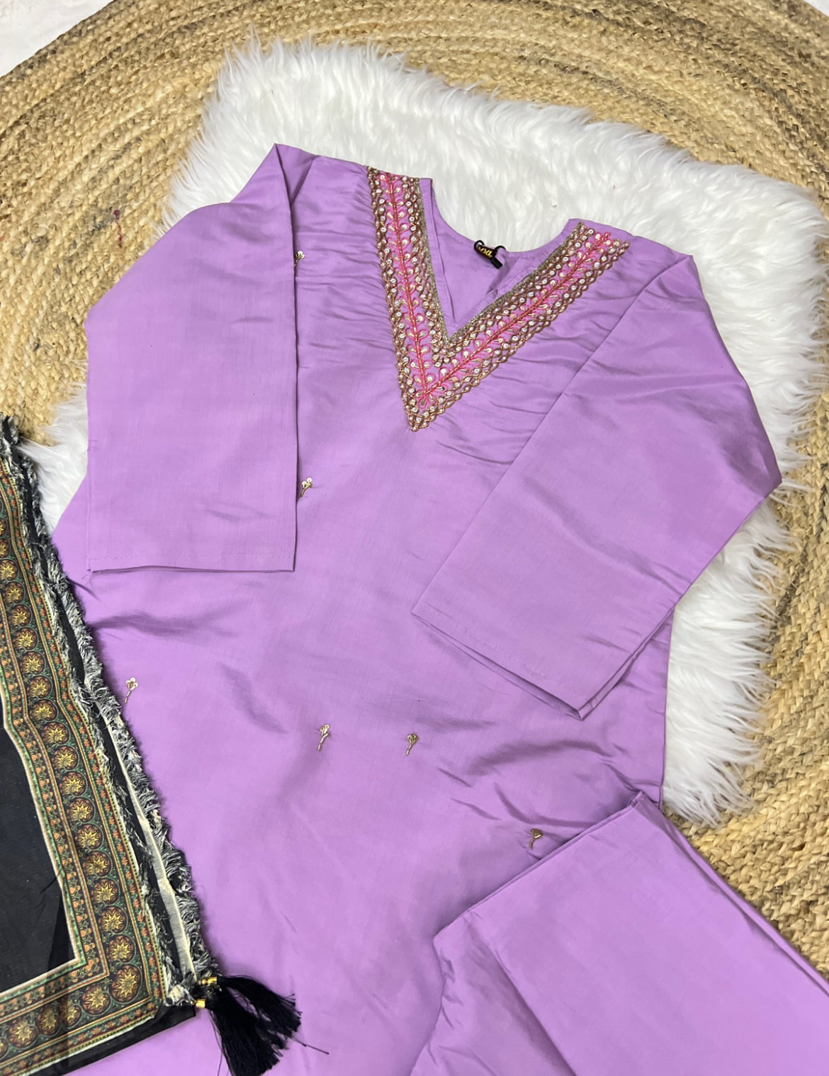 Beautiful dress in cotton silk with embroidery and sequins work on neck😍