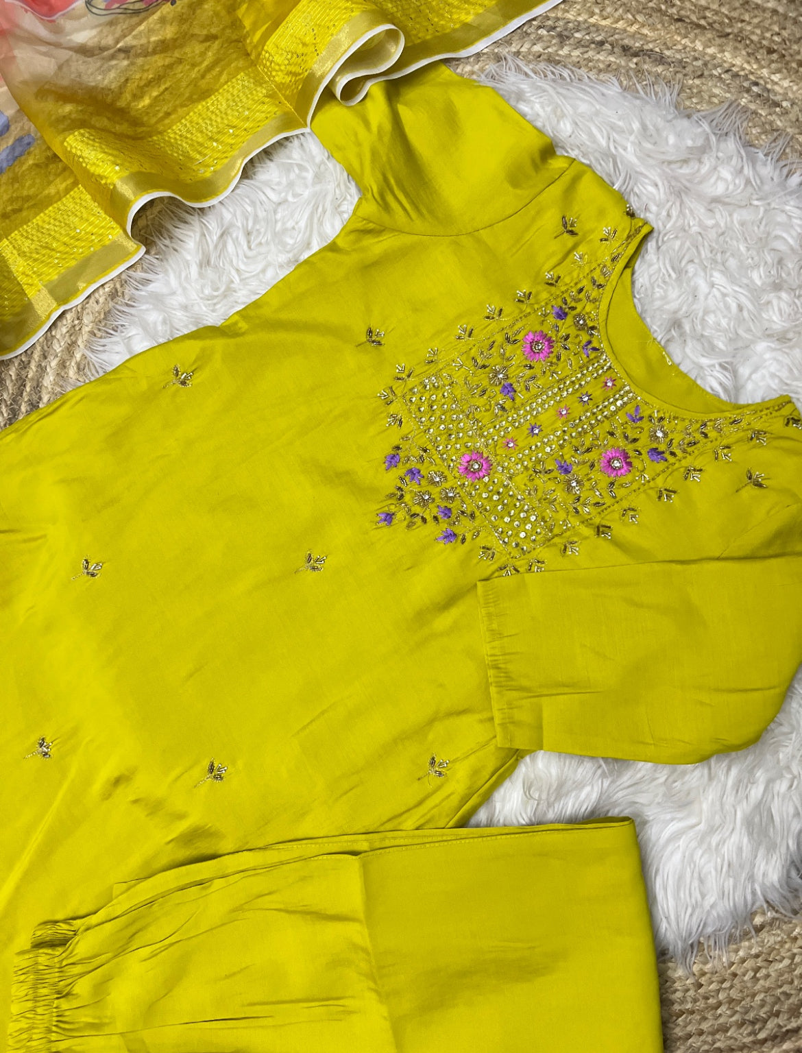 Cotton silk material dress with organza dupatta