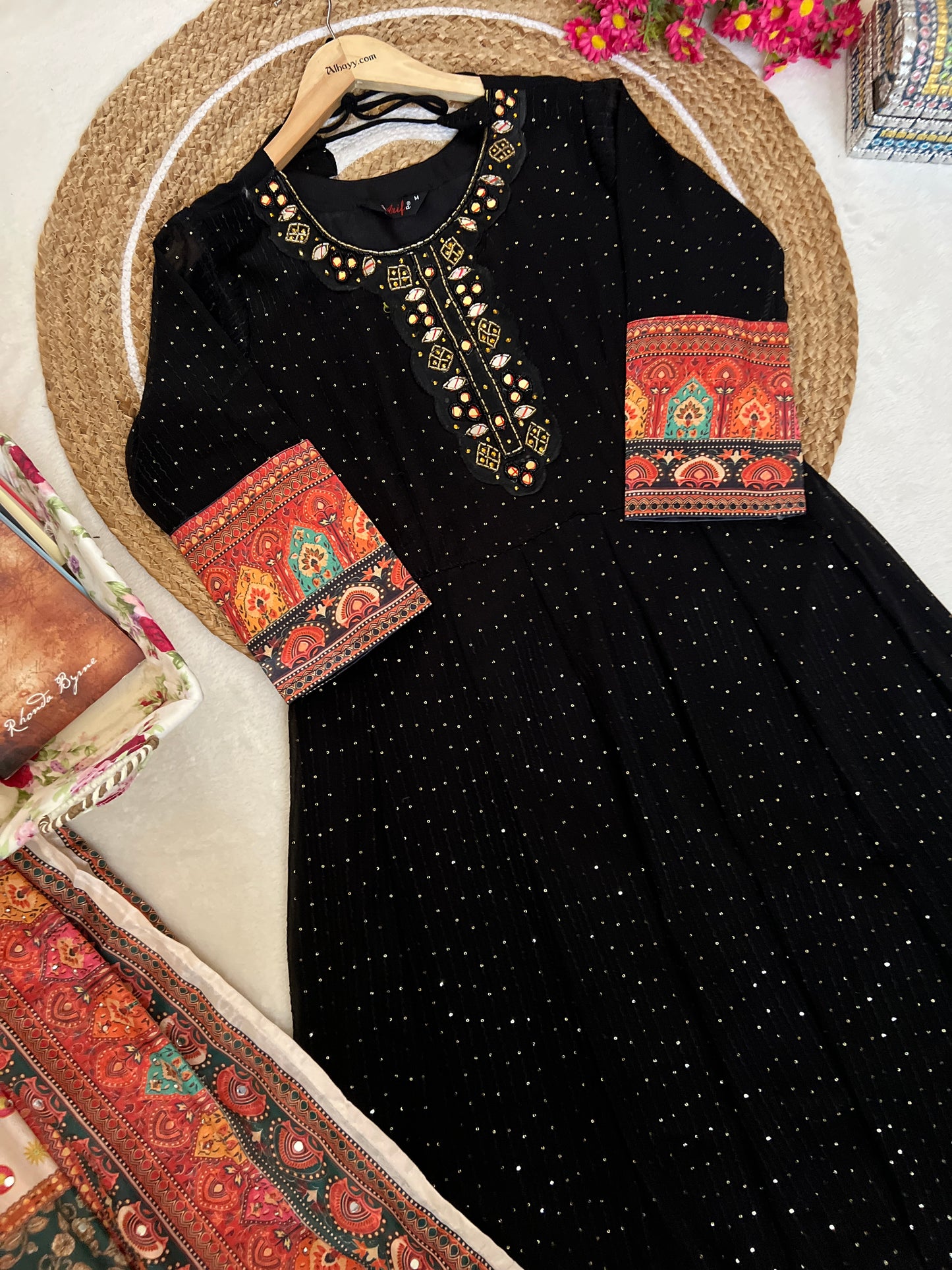 Beautiful dress in heorget material with silk dupatta ,mirror work on dupatta