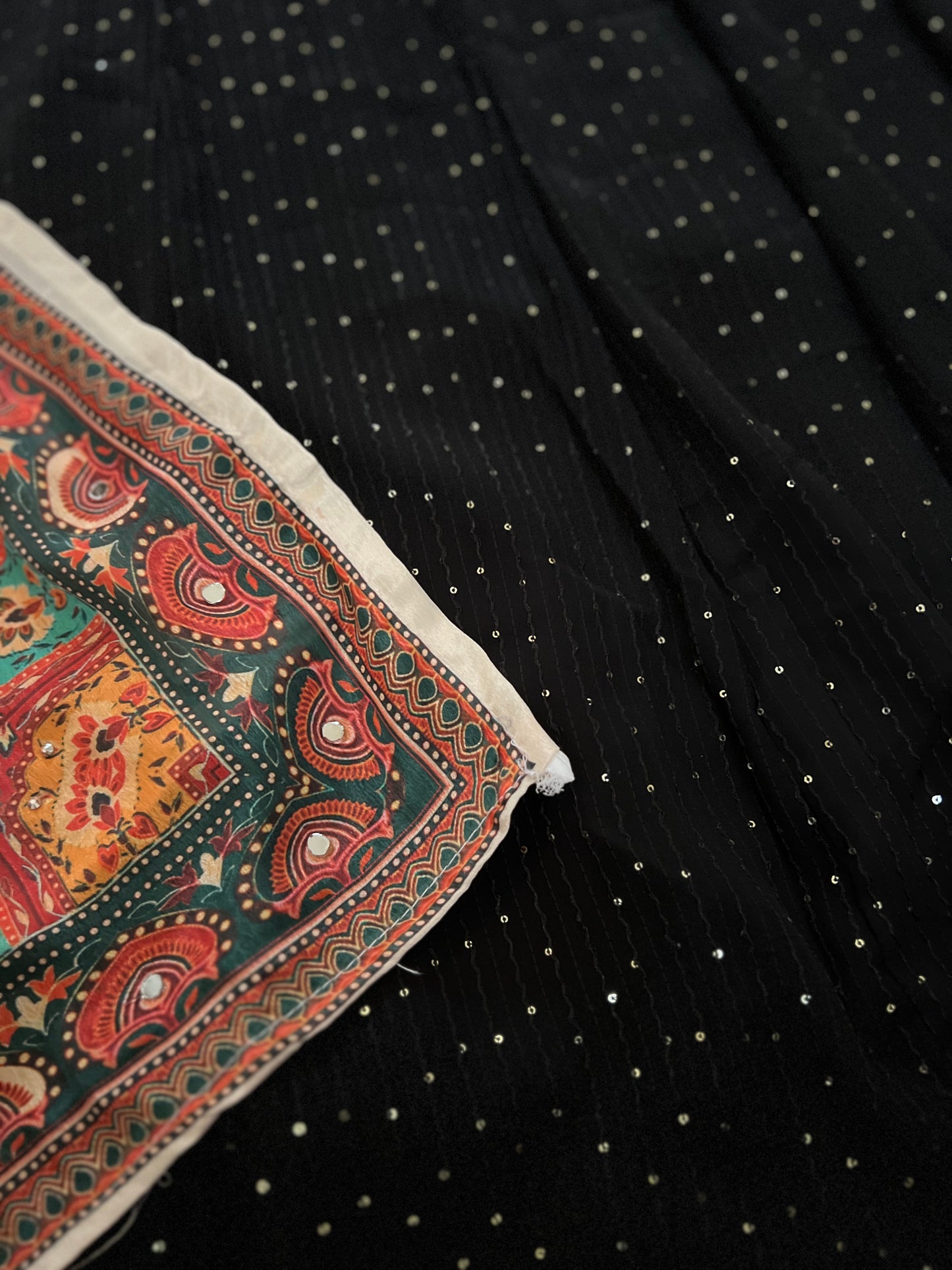 Beautiful dress in heorget material with silk dupatta ,mirror work on dupatta