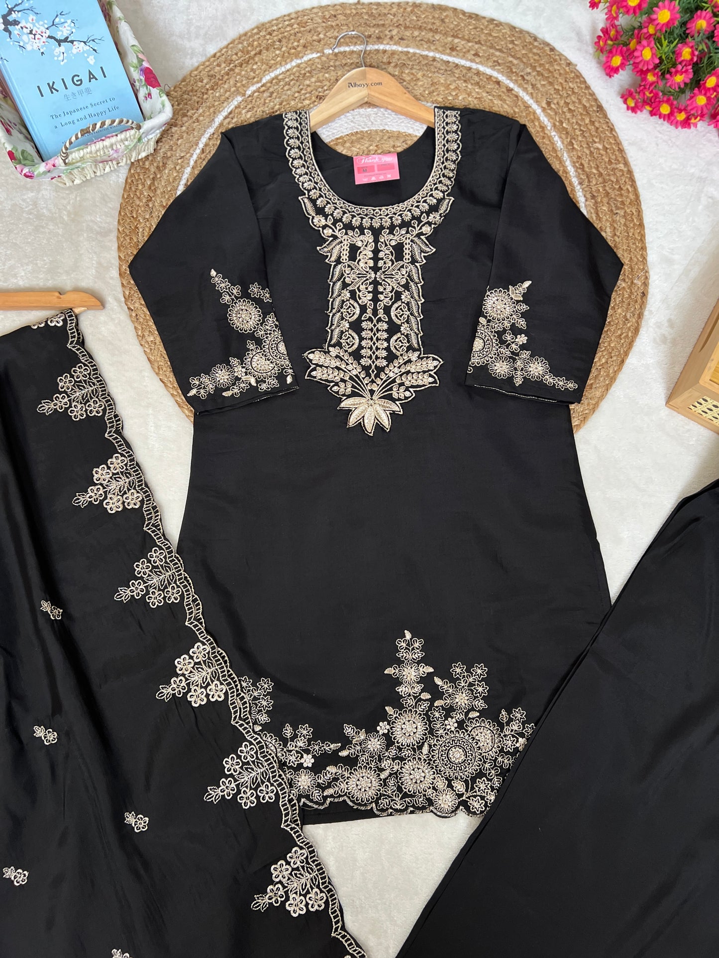 Beautiful Dress in Black with golden embroidery in Roman silk material