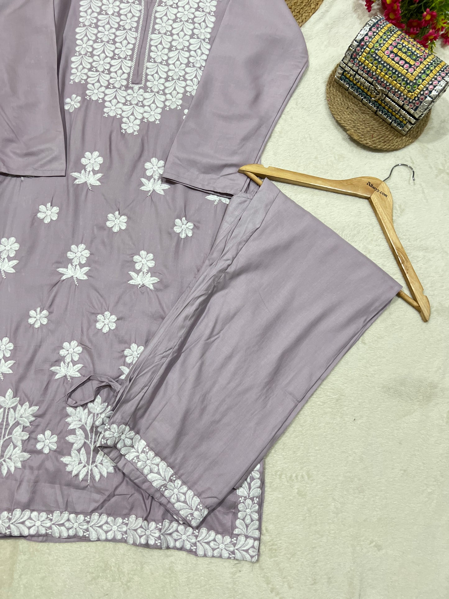 Kurtie pant set in cotton rayon material with full embroidery