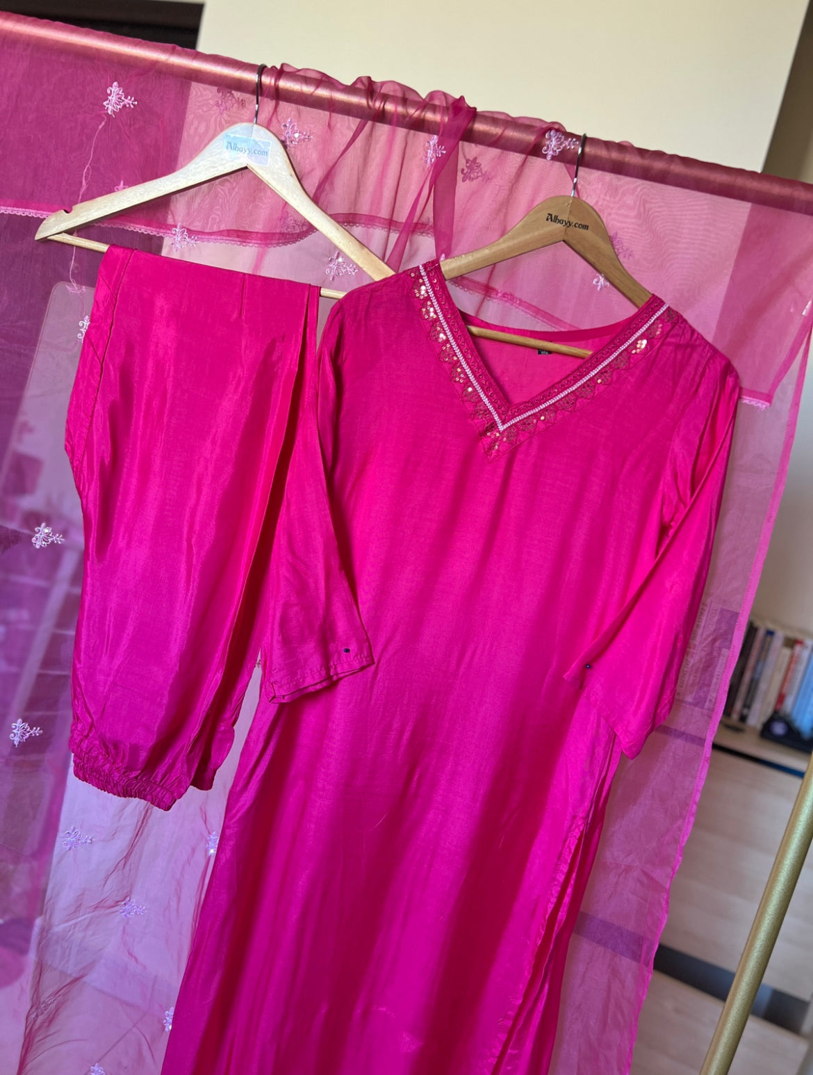 Beautiful dress in muslin silk with organza dupatta