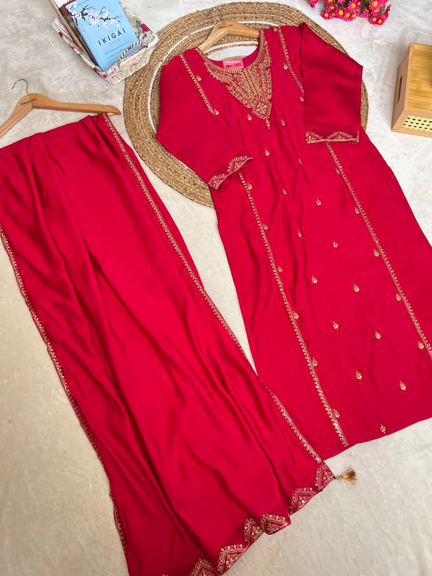 Beautiful red dress in red with golden embroidery and sequins work Material roman silk