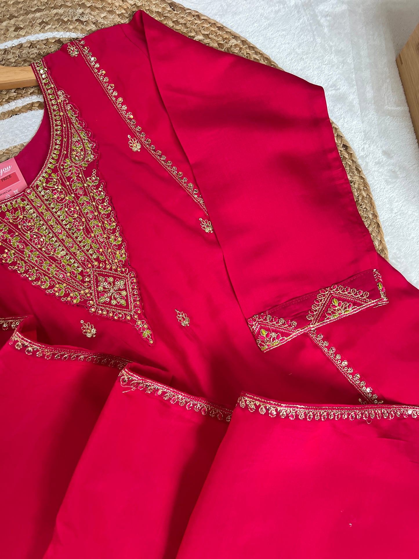 Beautiful red dress in red with golden embroidery and sequins work Material roman silk