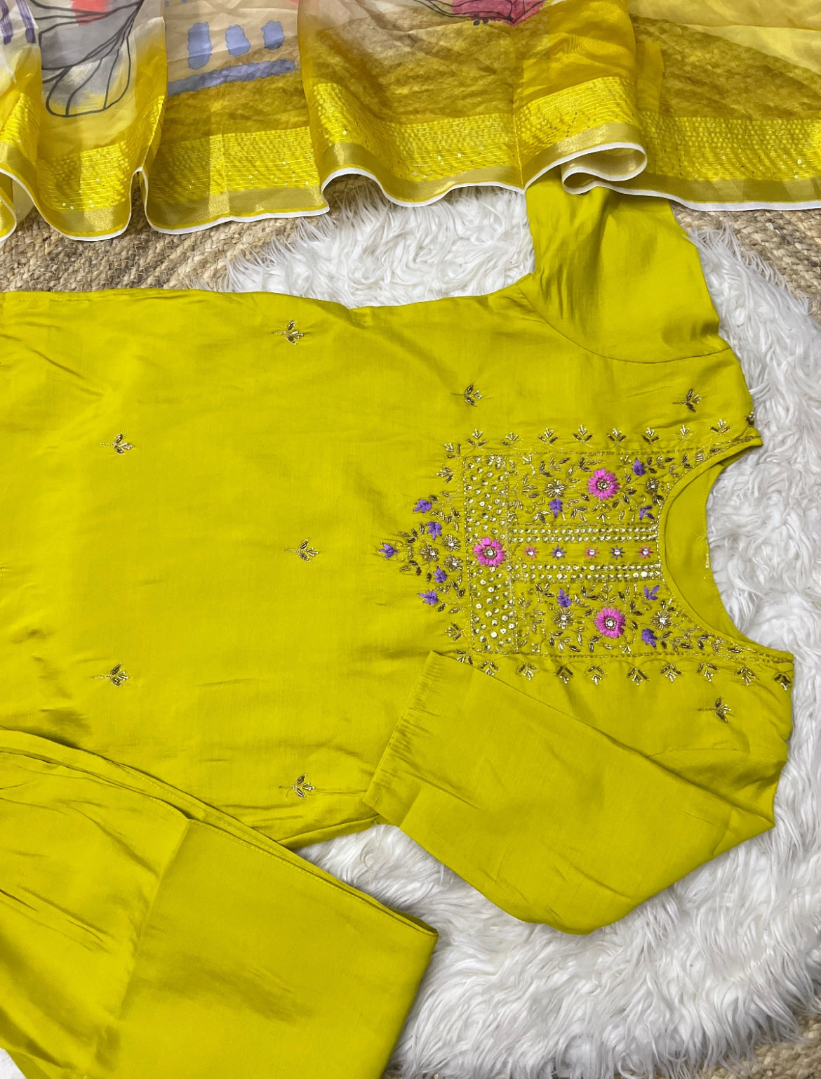 Cotton silk material dress with organza dupatta