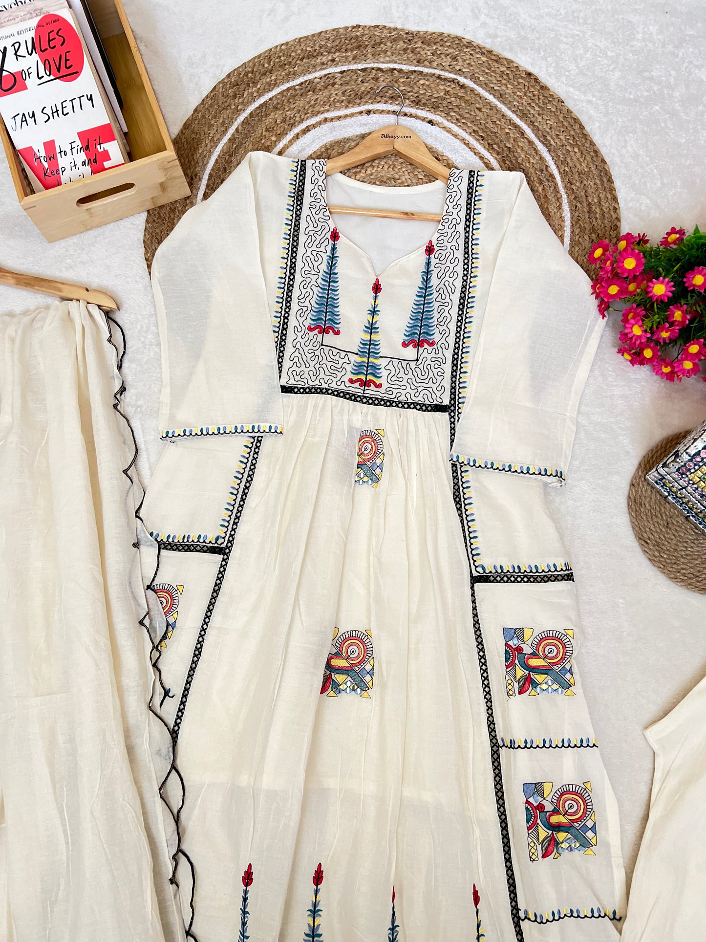 Beautiful dress in cotton with embroidery and mirror work