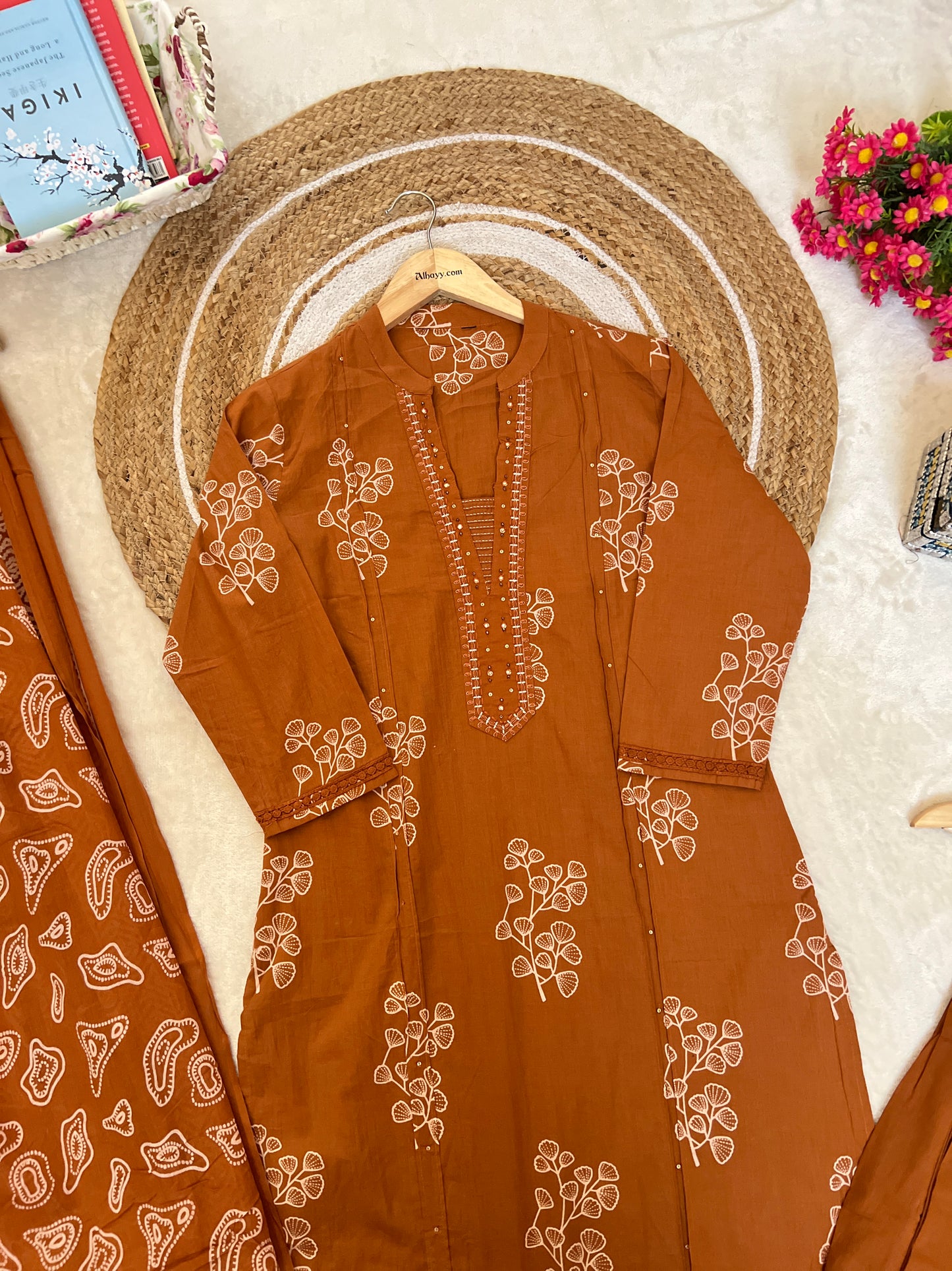Premium cotton suit set ( lace work on hands , small sequins and embroidery on neck)