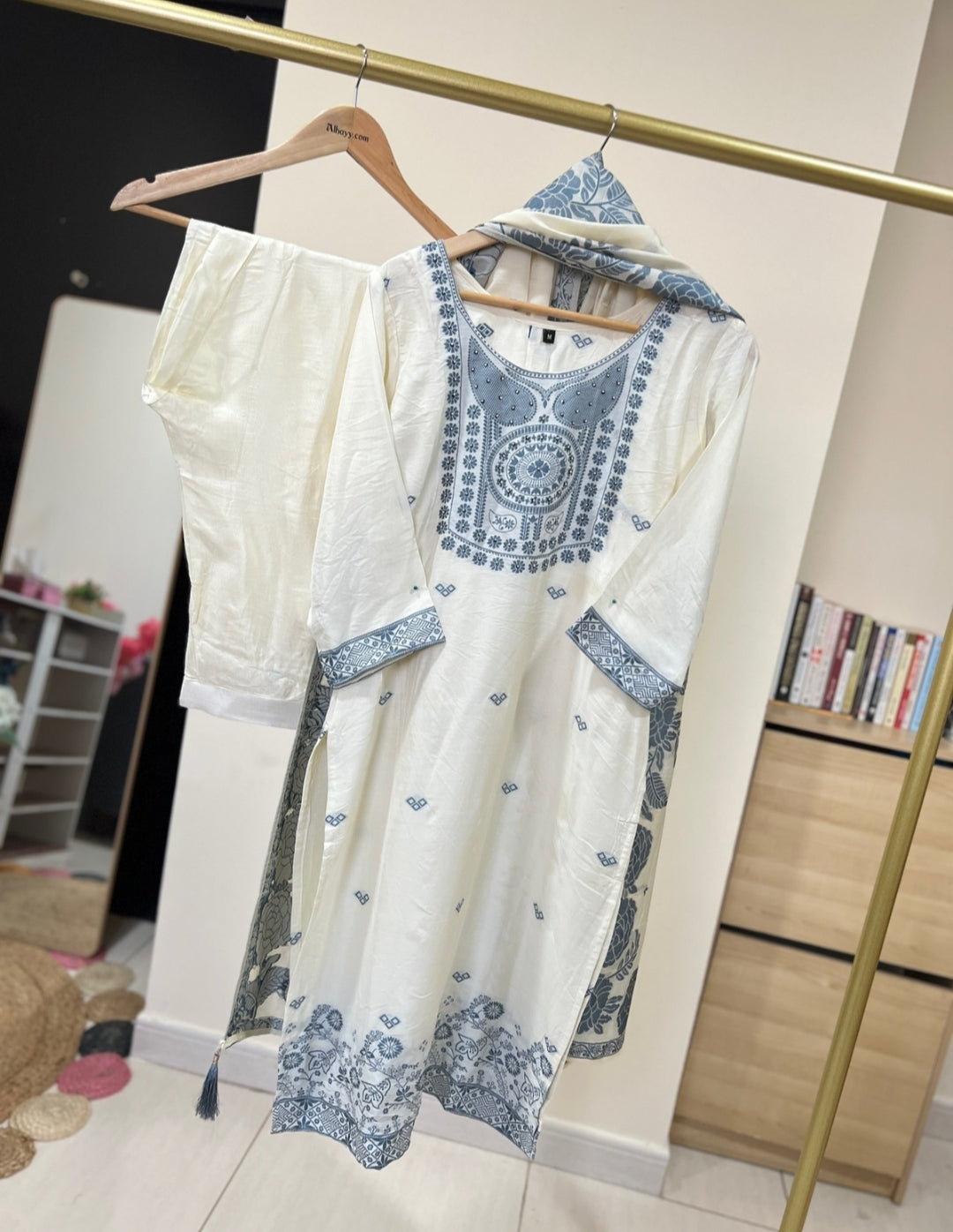 Beautiful White Dress With Neck Work