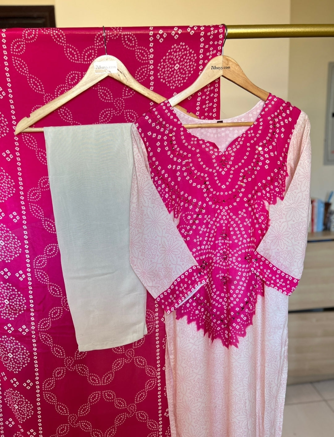 Premium Muslin Dress With Mirror Work on Neck & Banarasi Print