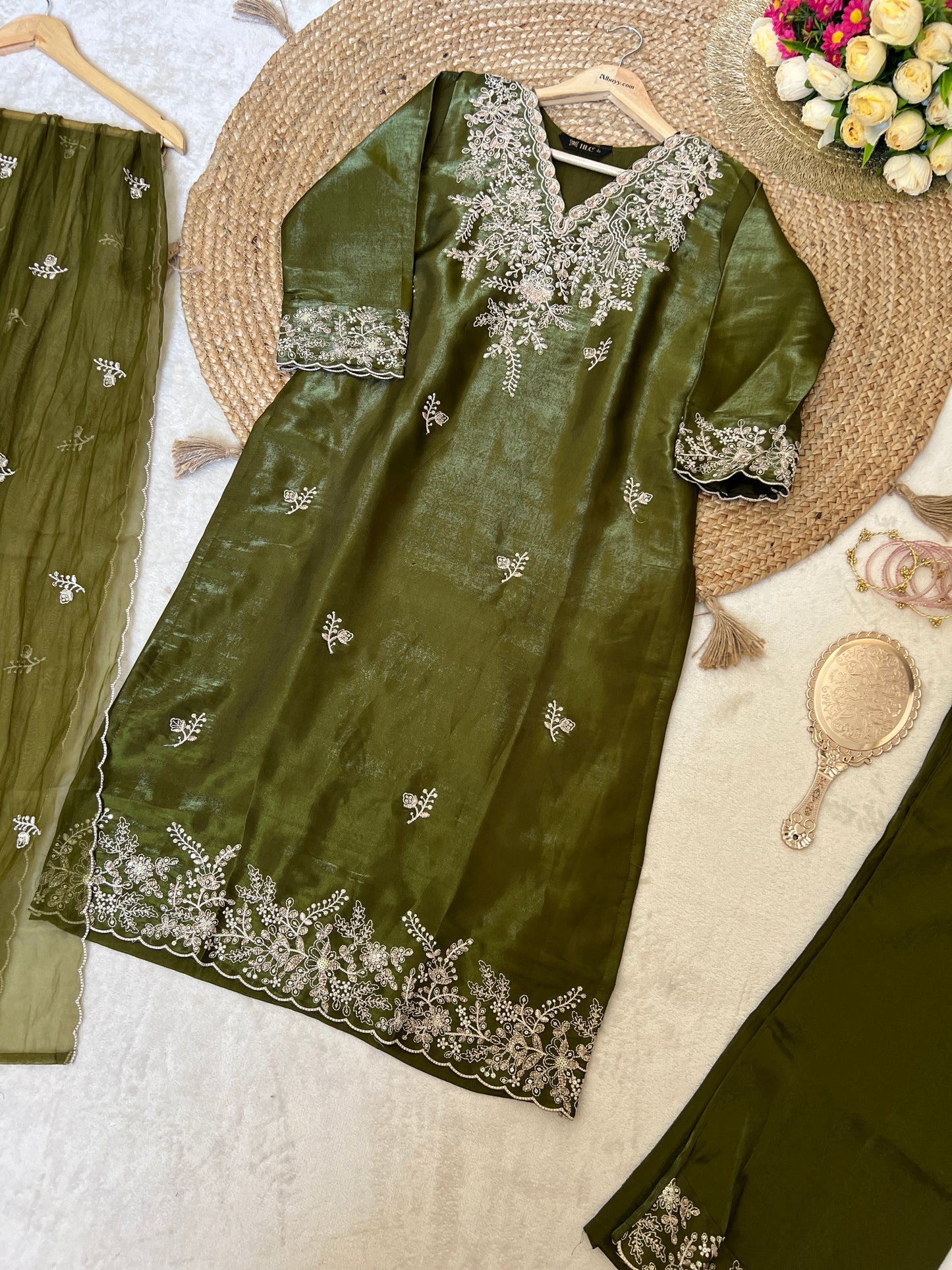 Premium suit set in glass silk smooth material with full embroidery CBRP2064