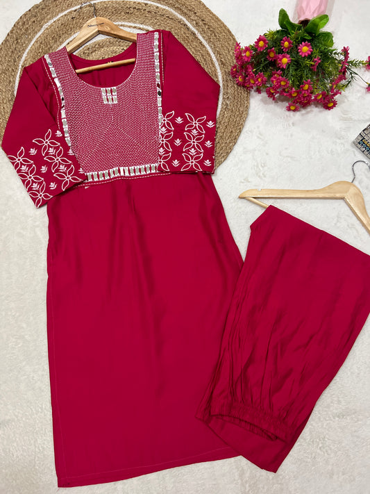 1035-Kurtie pant set mirror work with embroidery