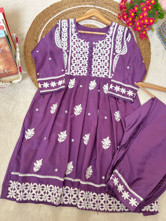 Beautiful lucknowi style cotton silk material dress with embroidery