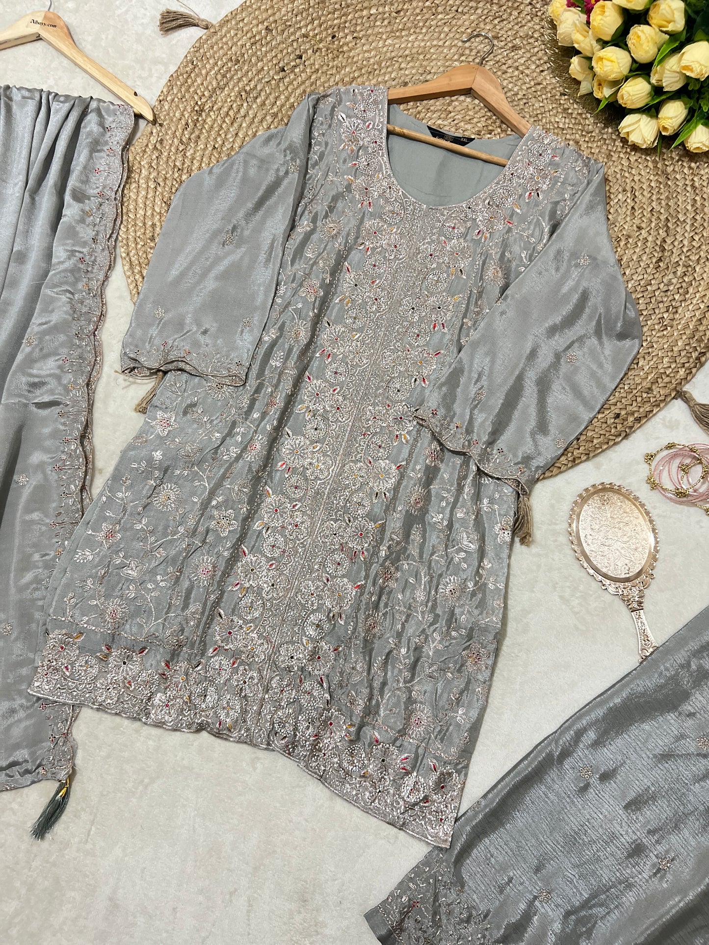 Premium suit set in silk with full embroidery and stone work CBRP2064