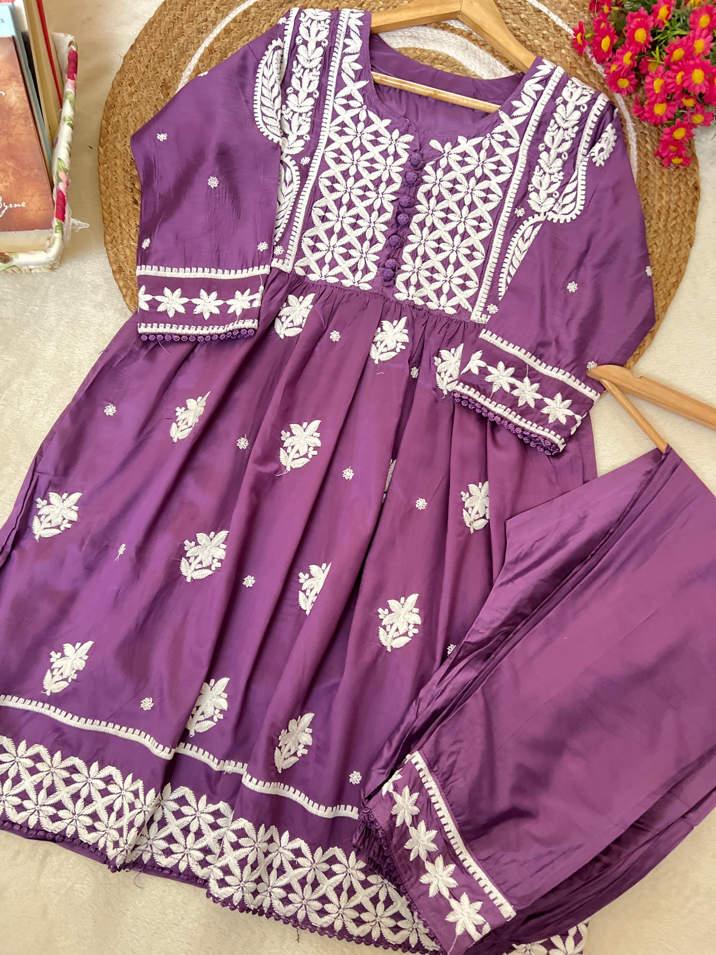 Beautiful lucknowi style cotton silk material dress with embroidery