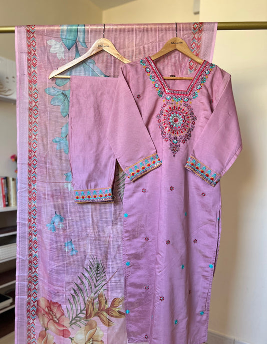 Beautiful dress in silk with sequins work and organza dupatta