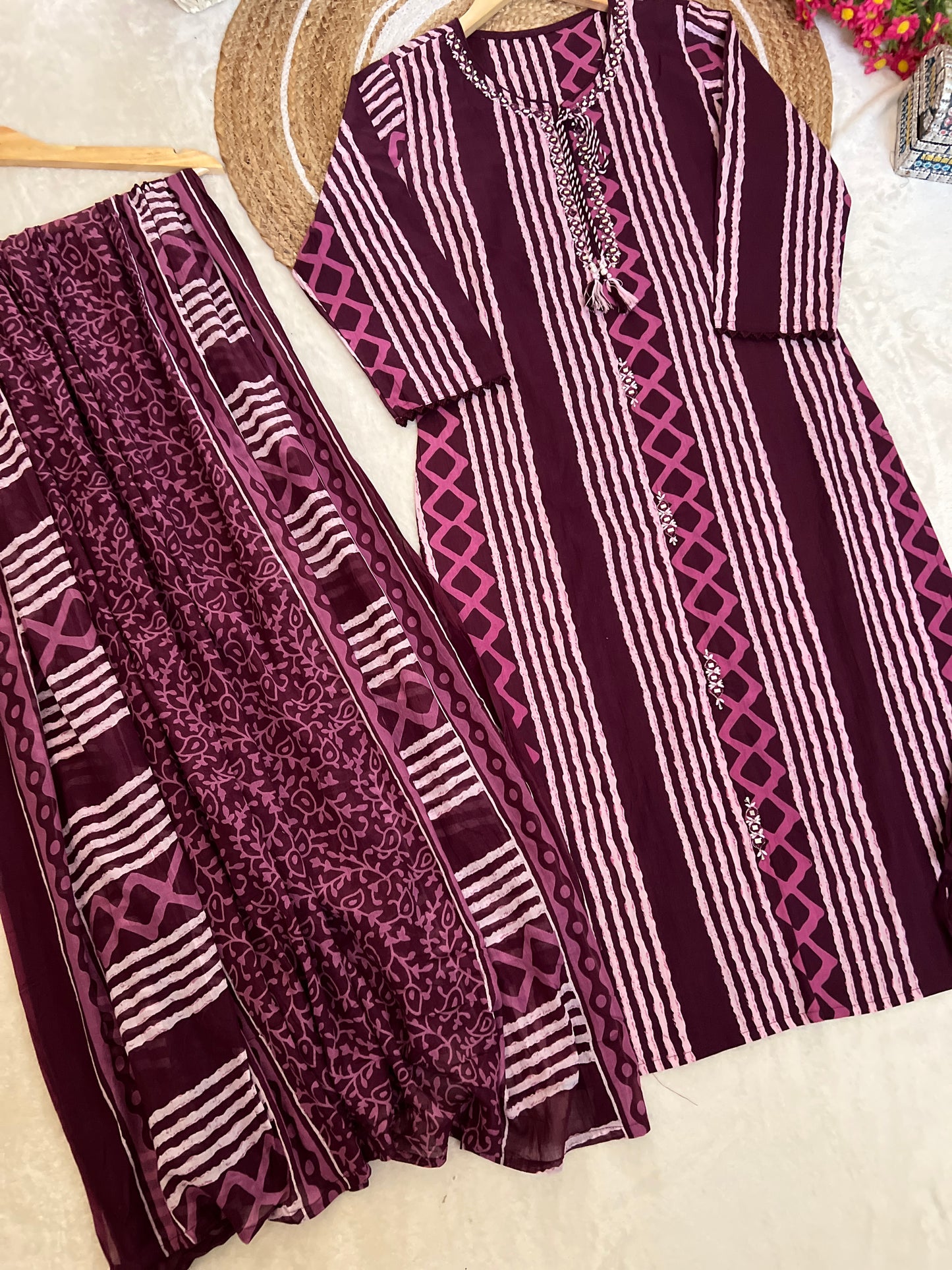 Premium cotton suit set ( full print work & mirror and embroidery work)