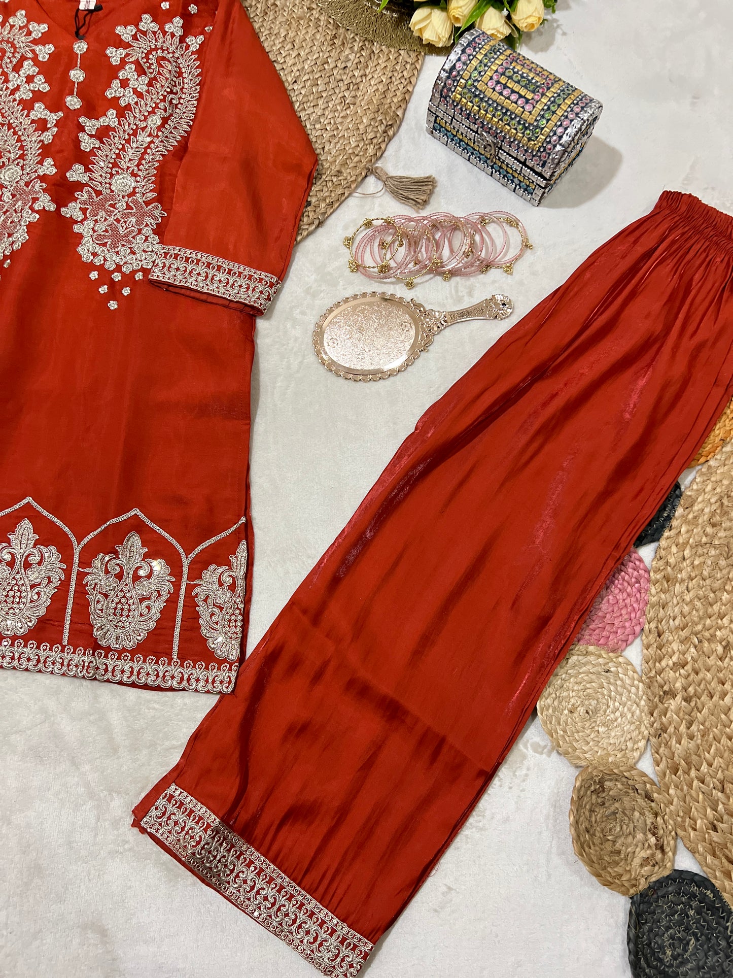 Premium Suit set With full Embroidery & Sequins work material silk and dupatta organza CBRP2064