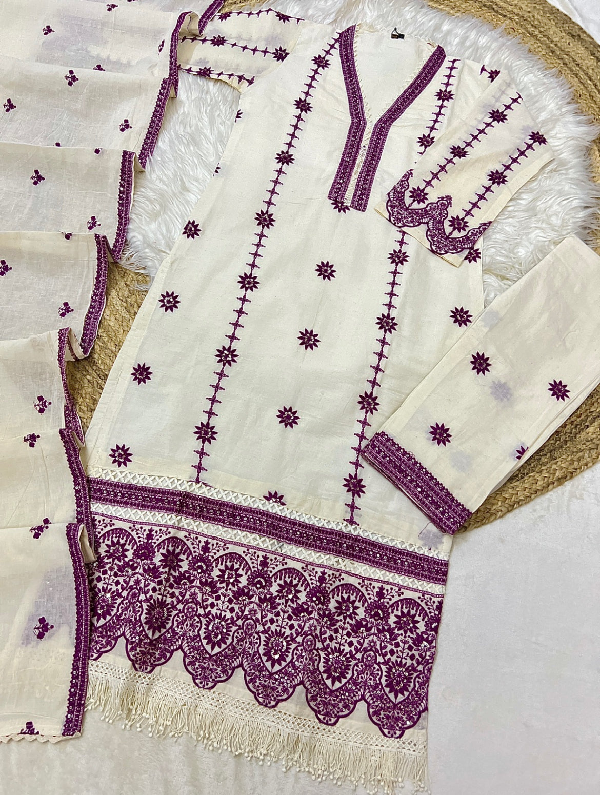 Beautiful dress in khadi cotton with full embroidery