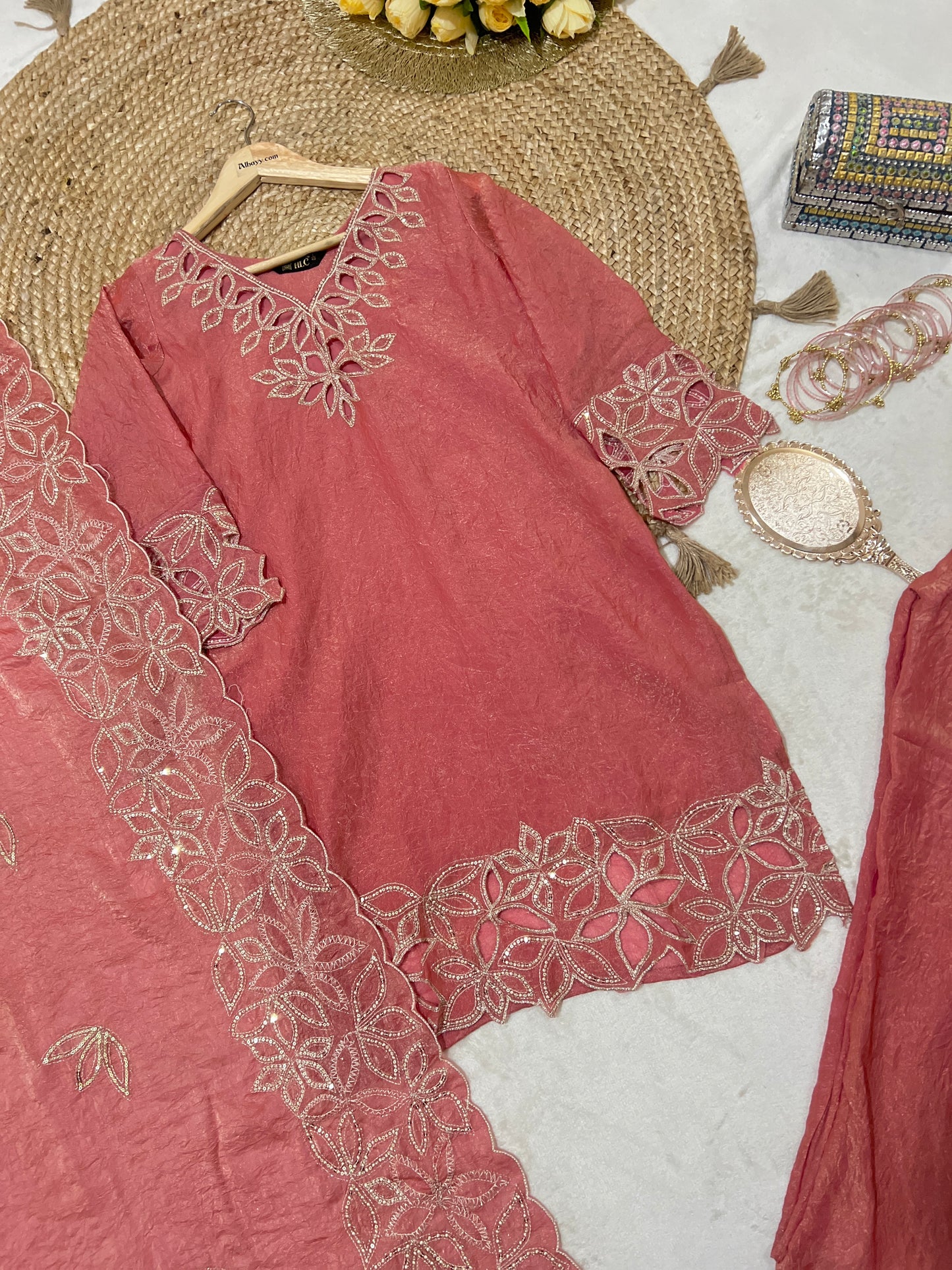 Premium suit set in shimer silk light weight material with cut work and sequins work CBRP 2064