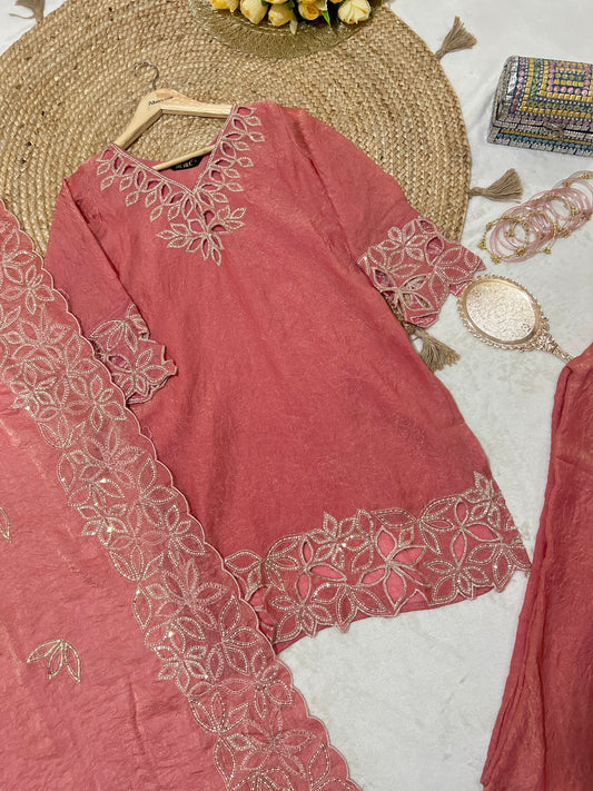 Premium suit set in shimer silk light weight material with cut work and sequins work CBRP 2064