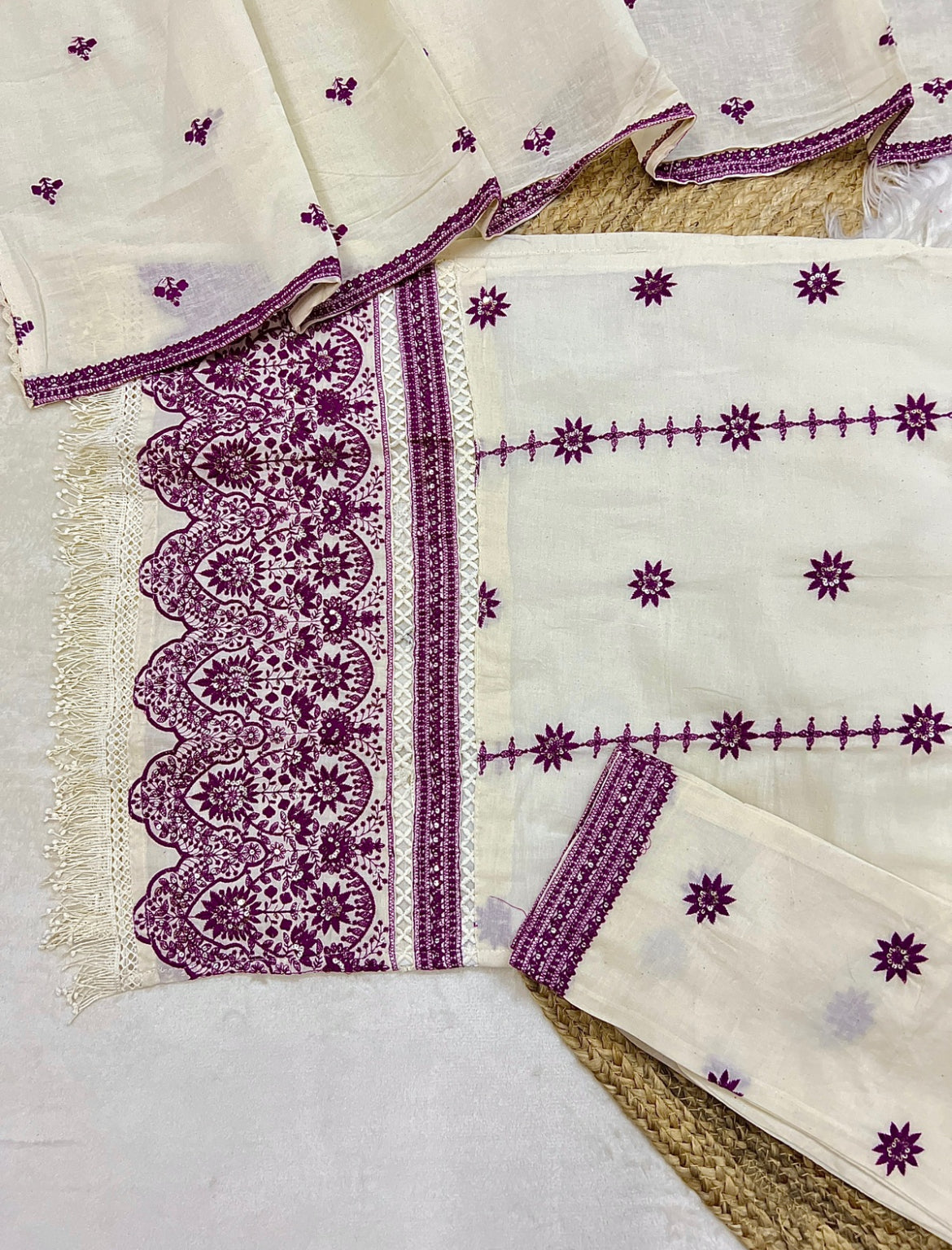 Beautiful dress in khadi cotton with full embroidery