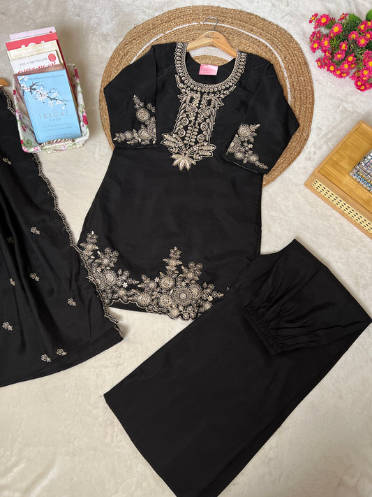 Beautiful Dress in Black with golden embroidery in Roman silk material