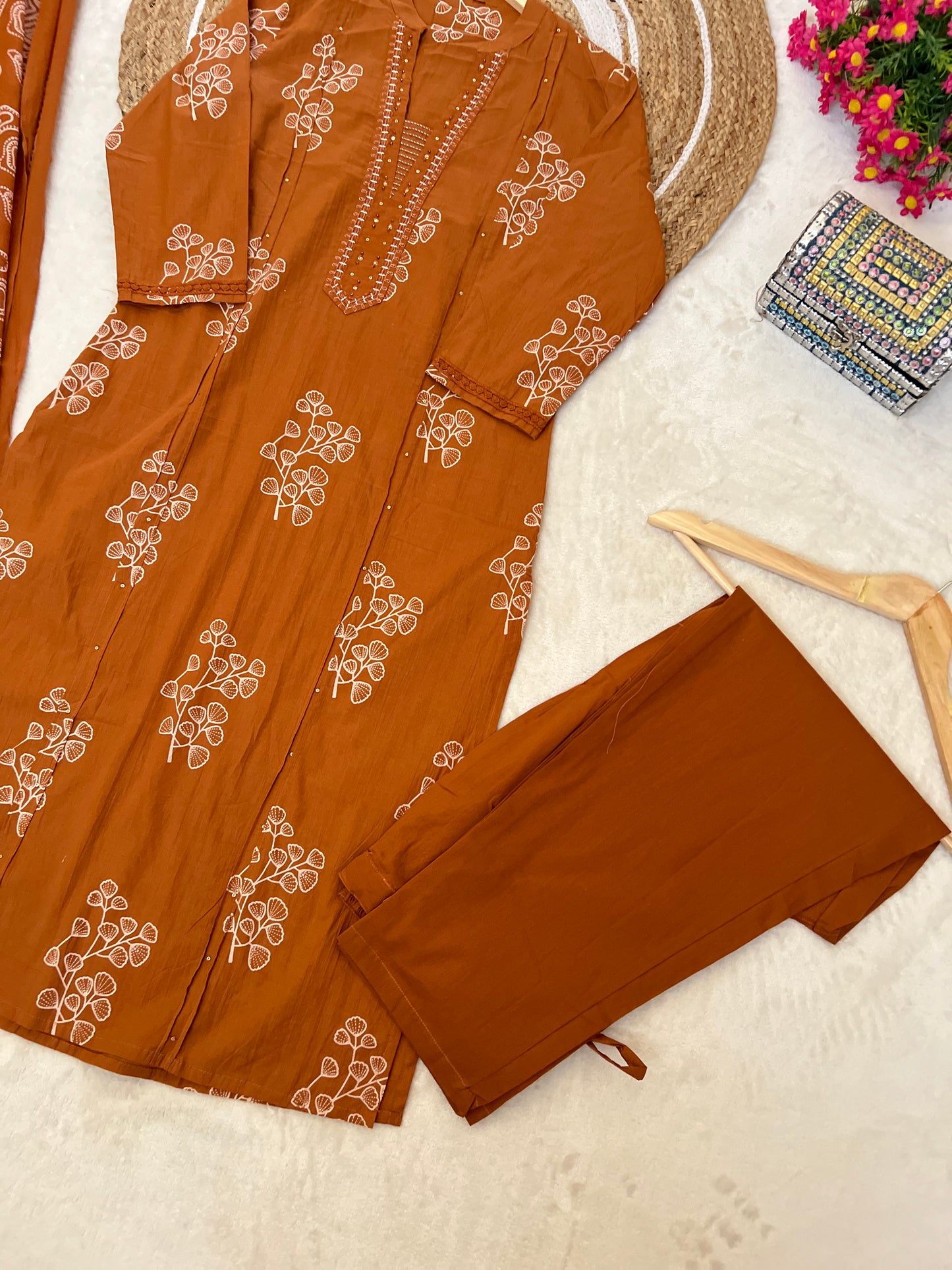 Premium cotton suit set ( lace work on hands , small sequins and embroidery on neck)