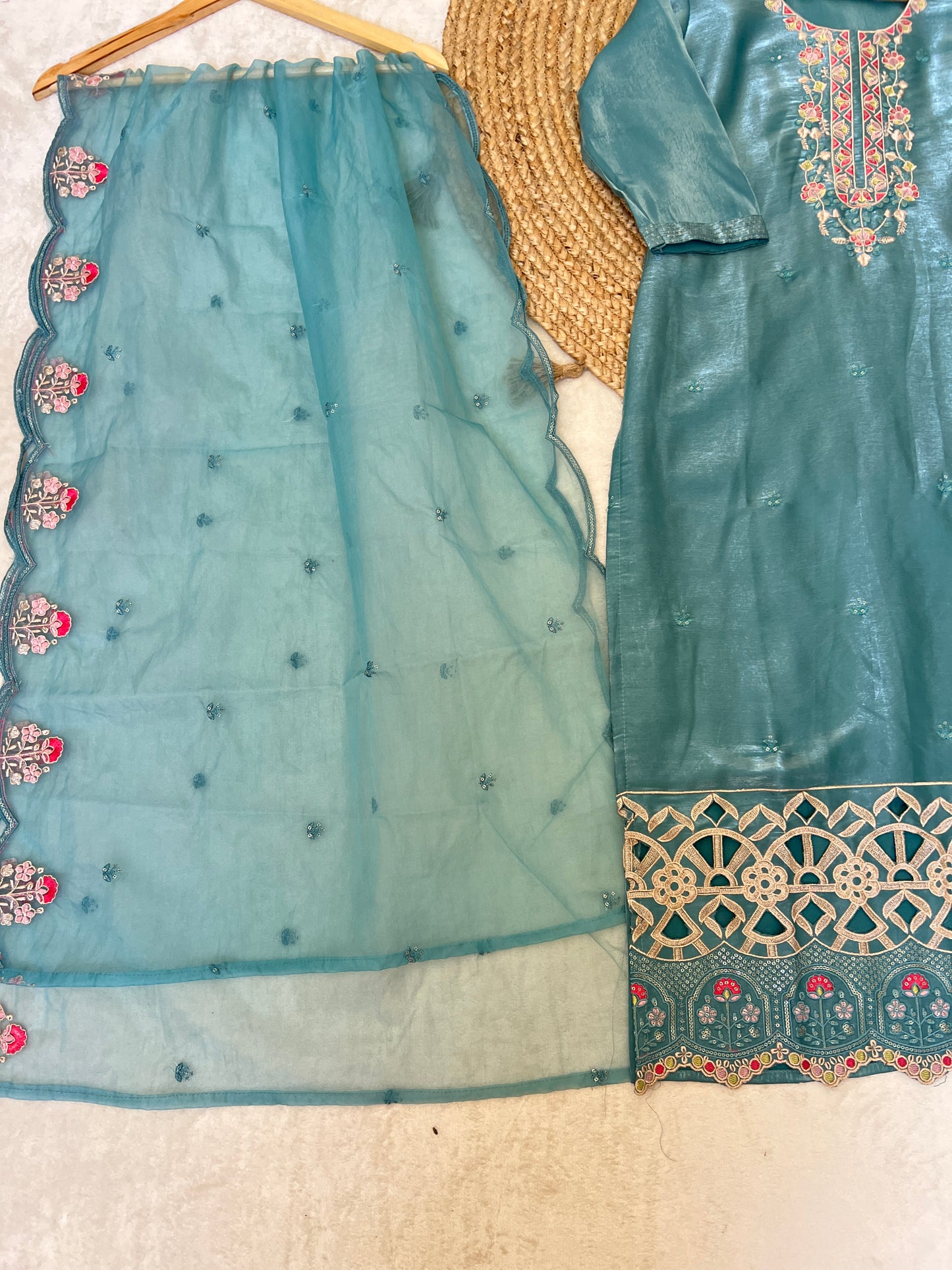 Premium suit set in glass silk smooth material with full embroidery and cut work CBRP2064