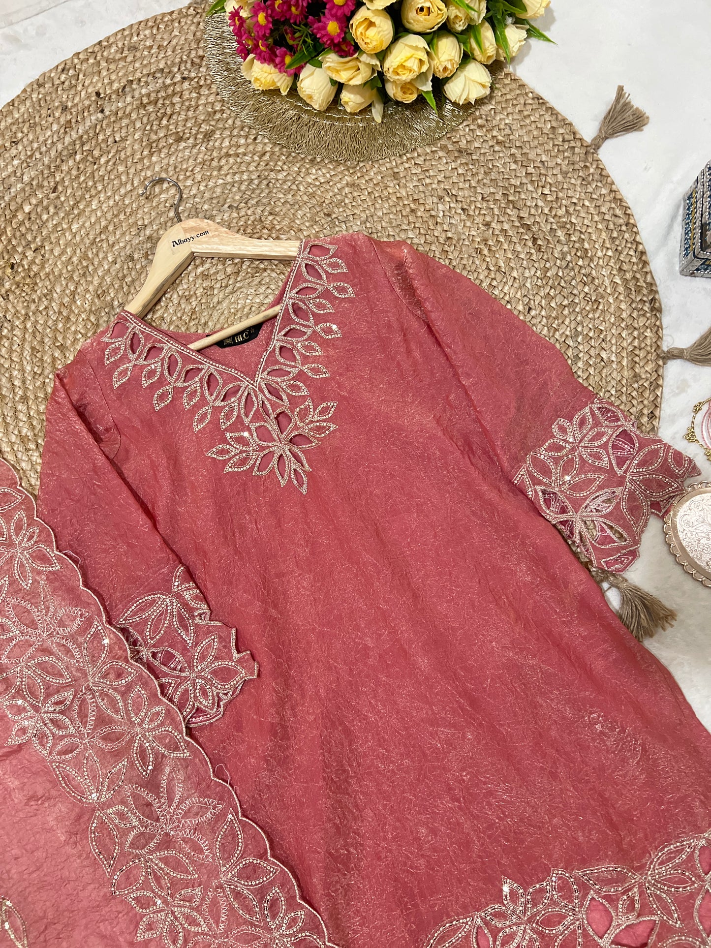 Premium suit set in shimer silk light weight material with cut work and sequins work CBRP 2064