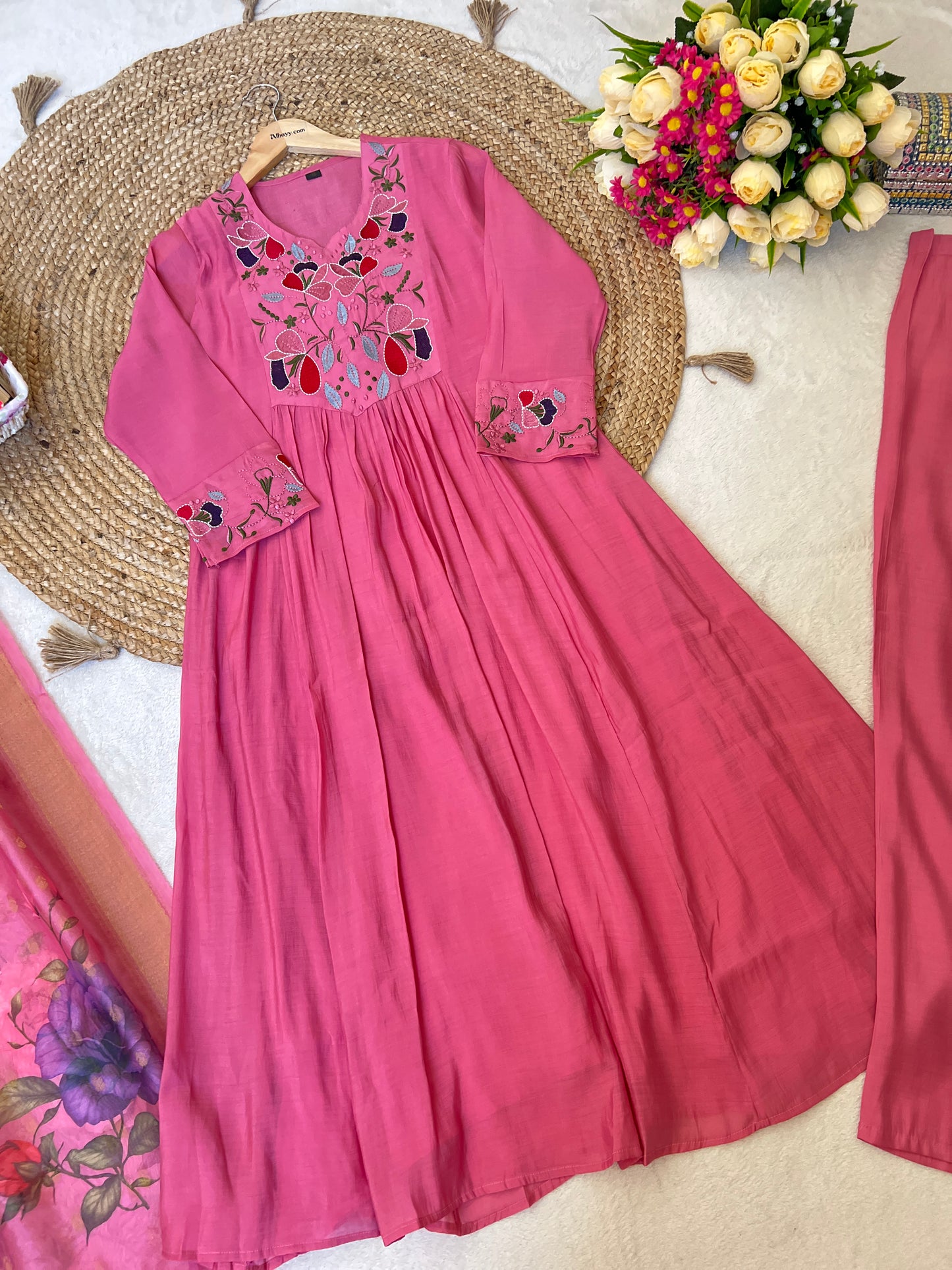 Muslin silk Anarkali with full embroidery Organza dupatta CBRP 1044